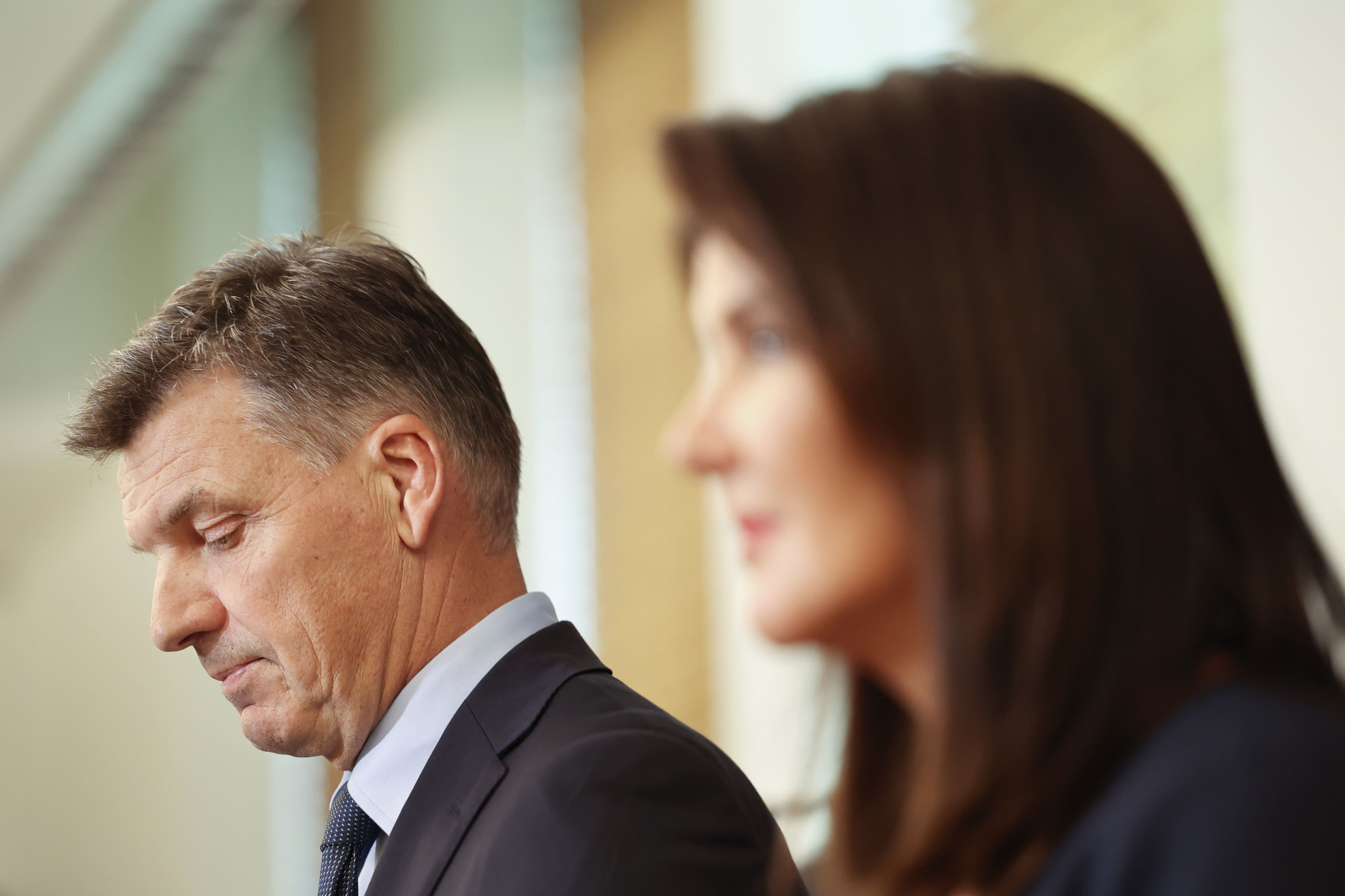 Angus Taylor and Jane Hume at a press conference