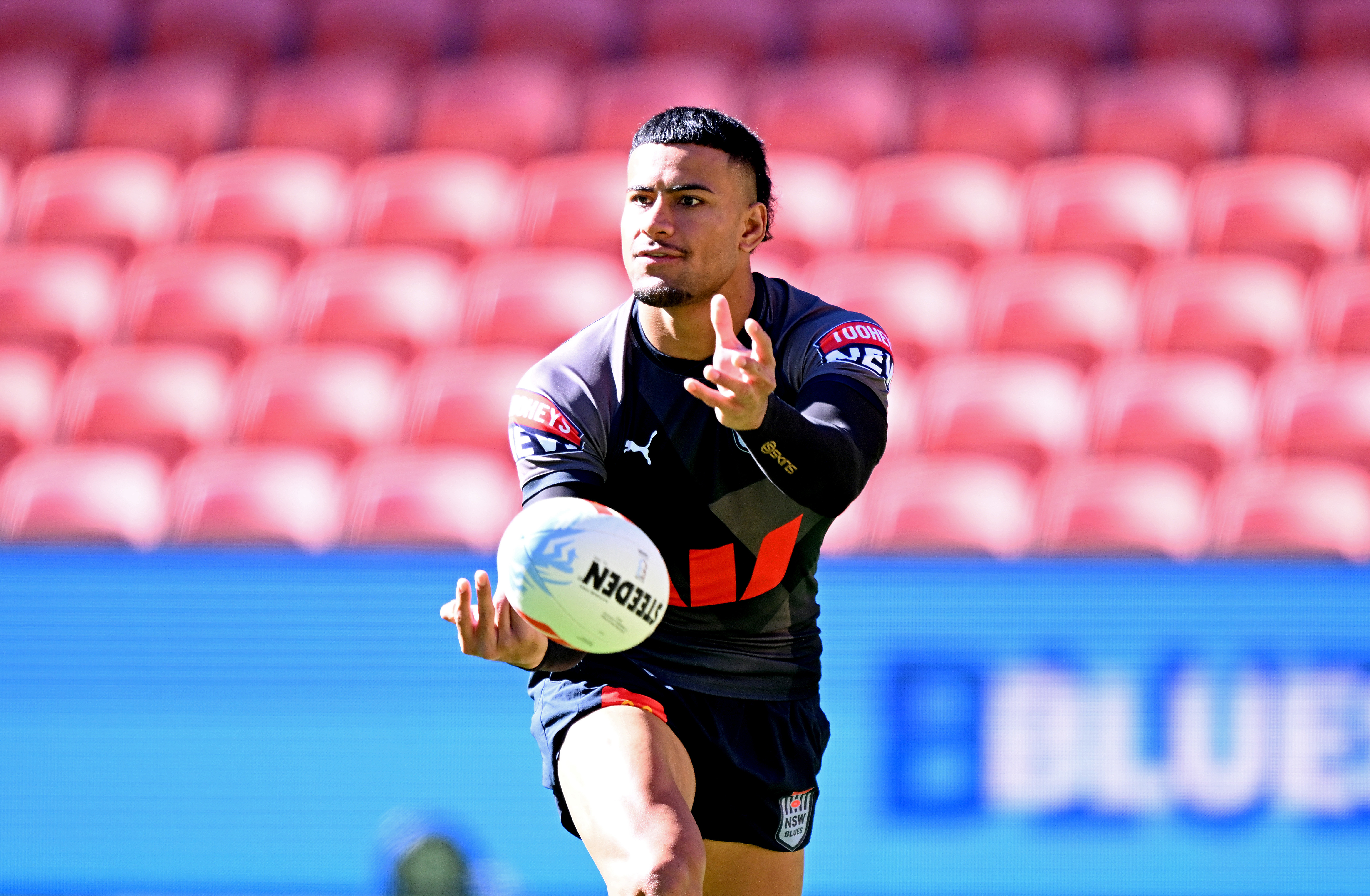 Stephen Crichton passes the ball during a New South Wales Blues State of Origin training session at Suncorp Stadium on June 20, 2023 in Brisbane, Australia. (Photo by Bradley Kanaris/Getty Images)