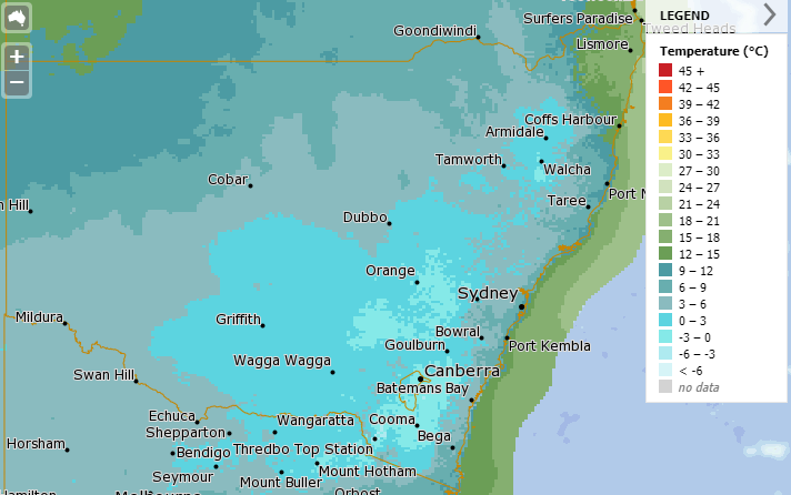 NSW forecast from last night showed inland areas coped lows between 0C - 3C.