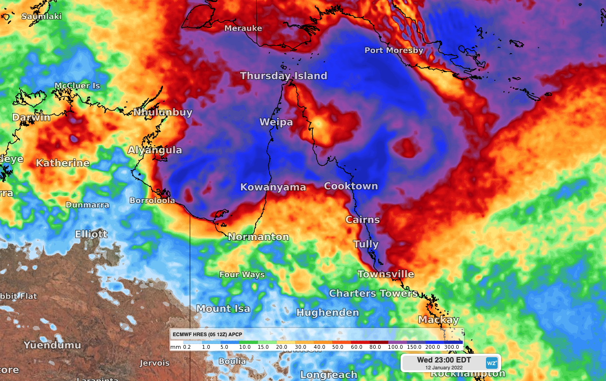 Forecast accumulated rainfall during the seven days ending on Wednesday, January 12, according to the ECMWF model.