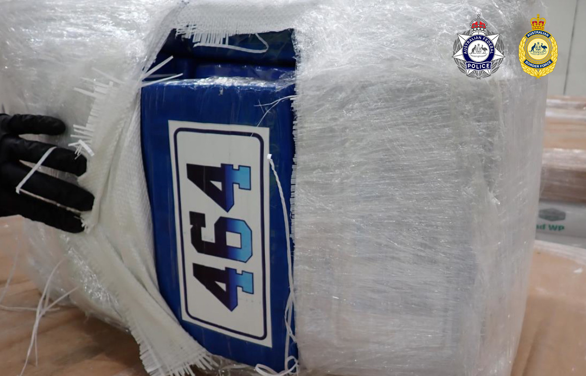 A closeup of a package containing cocaine in Sydney. It has a numbered label reading '464' on it.