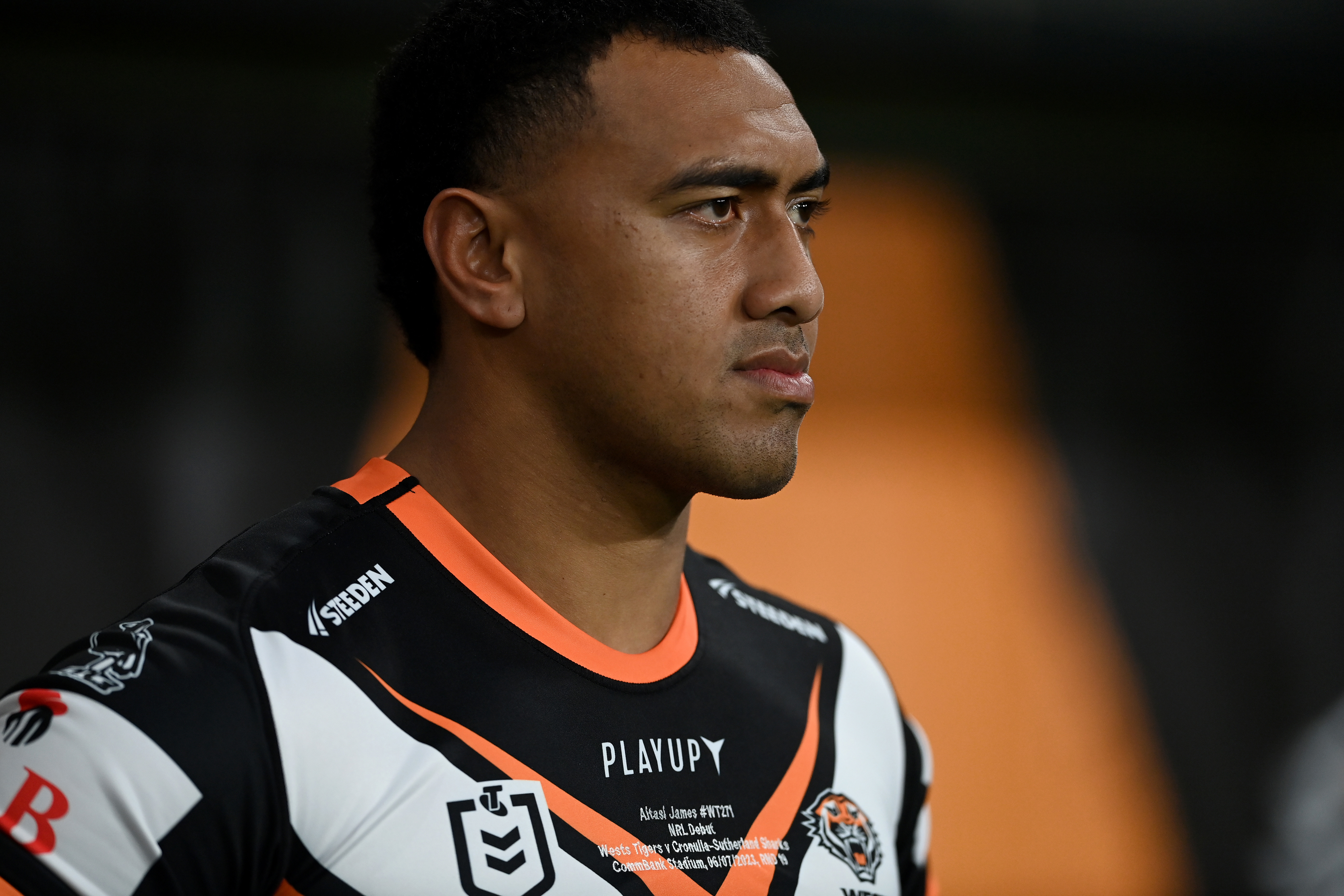 Aitasi James on his NRL debut for the Wests Tigers against the Cronulla Sharks in round 19.