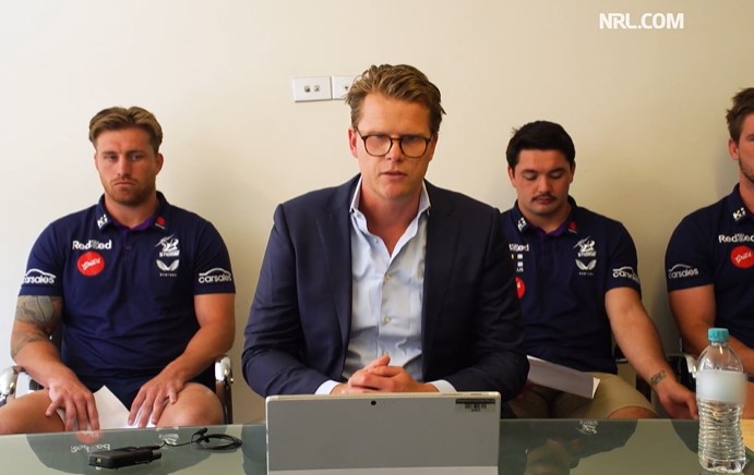 Melbourne CEO Justin Rodksi is flanked by Cameron Munster and Brandon Smith.