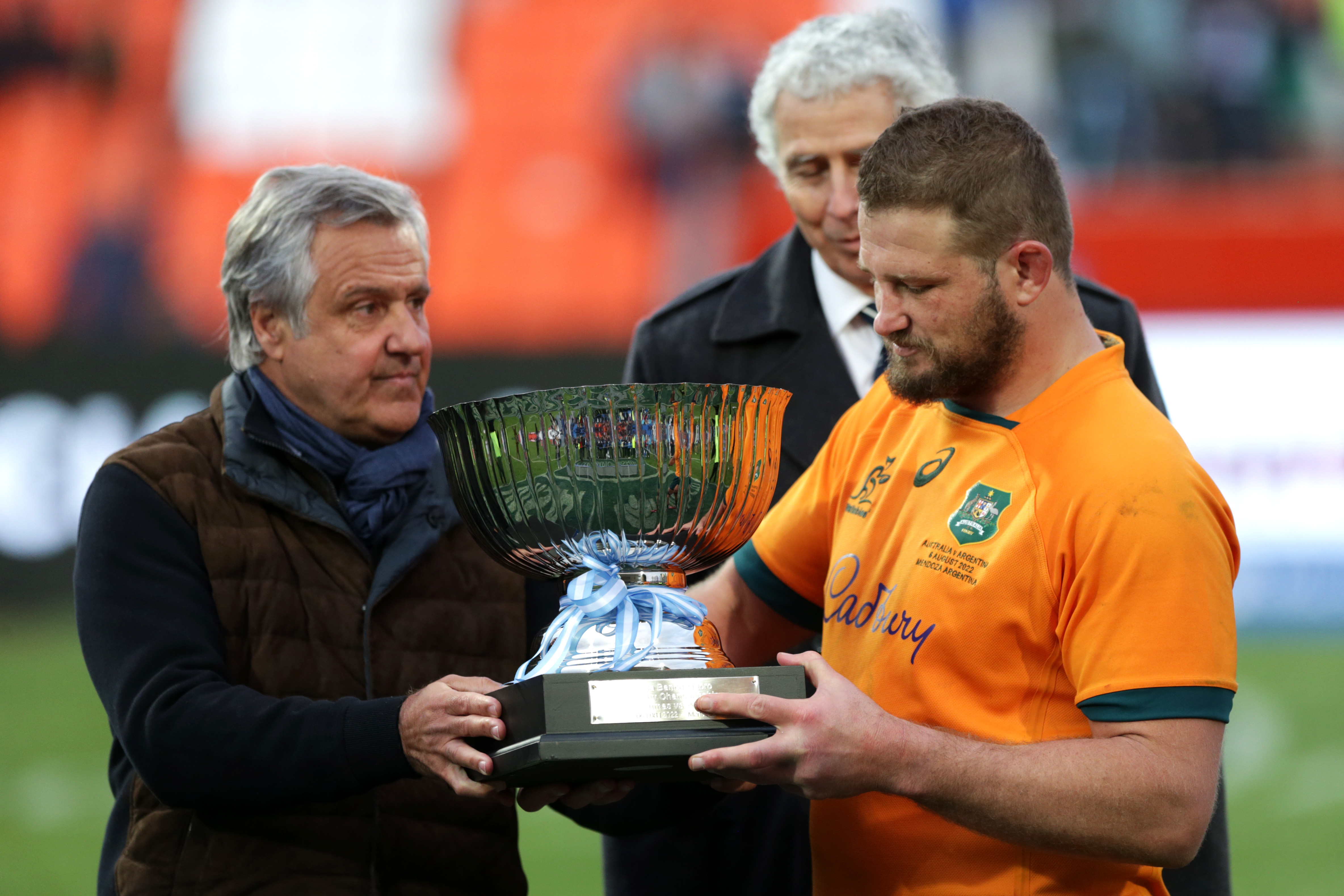 James Slipper of Australia receives a trophy at Estadio Malvinas Argentinas.