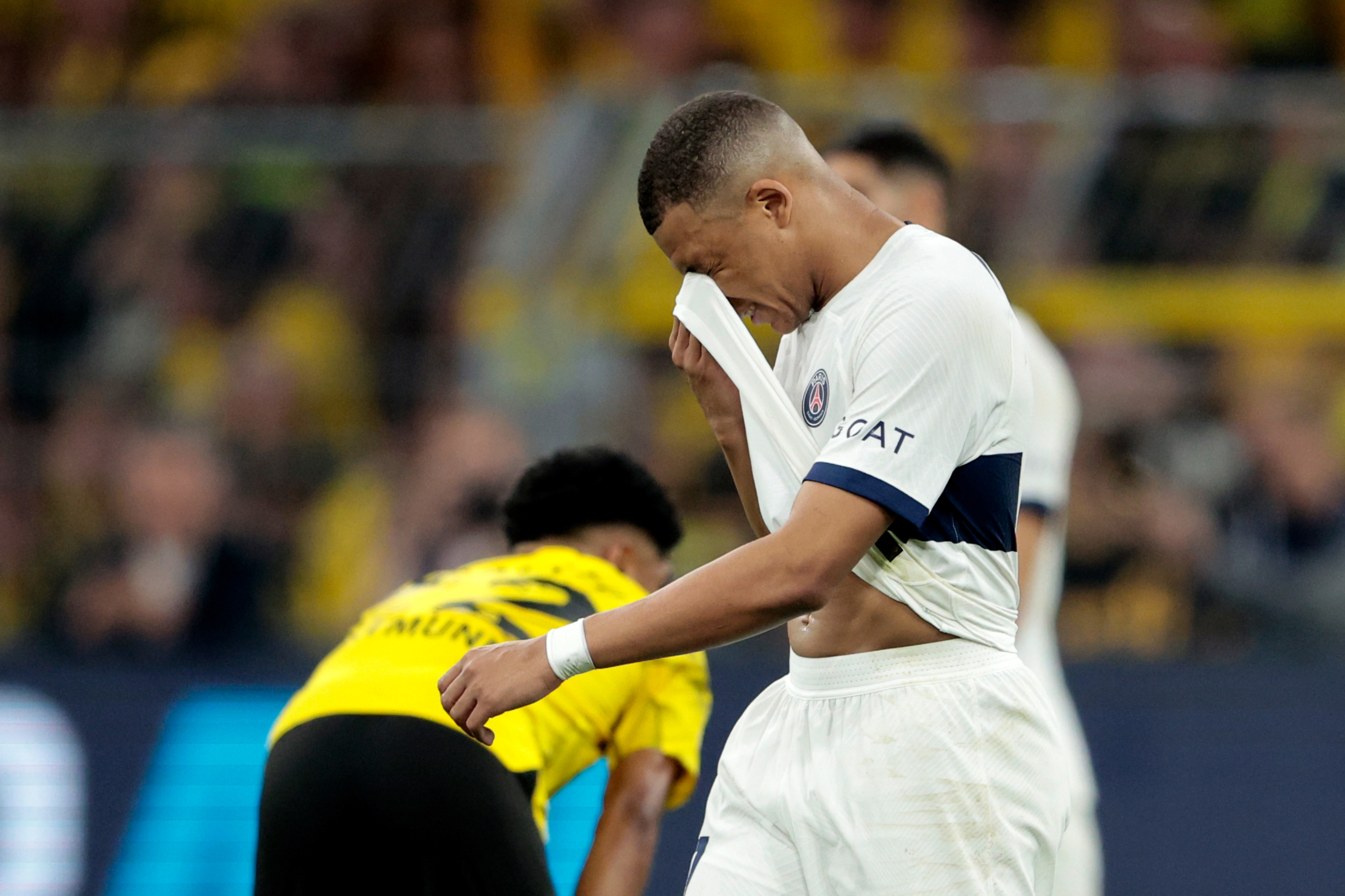 Kylian Mbappe of Paris Saint Germain disappointed during the UEFA Champions League match between Borussia Dortmund and Paris Saint Germain.