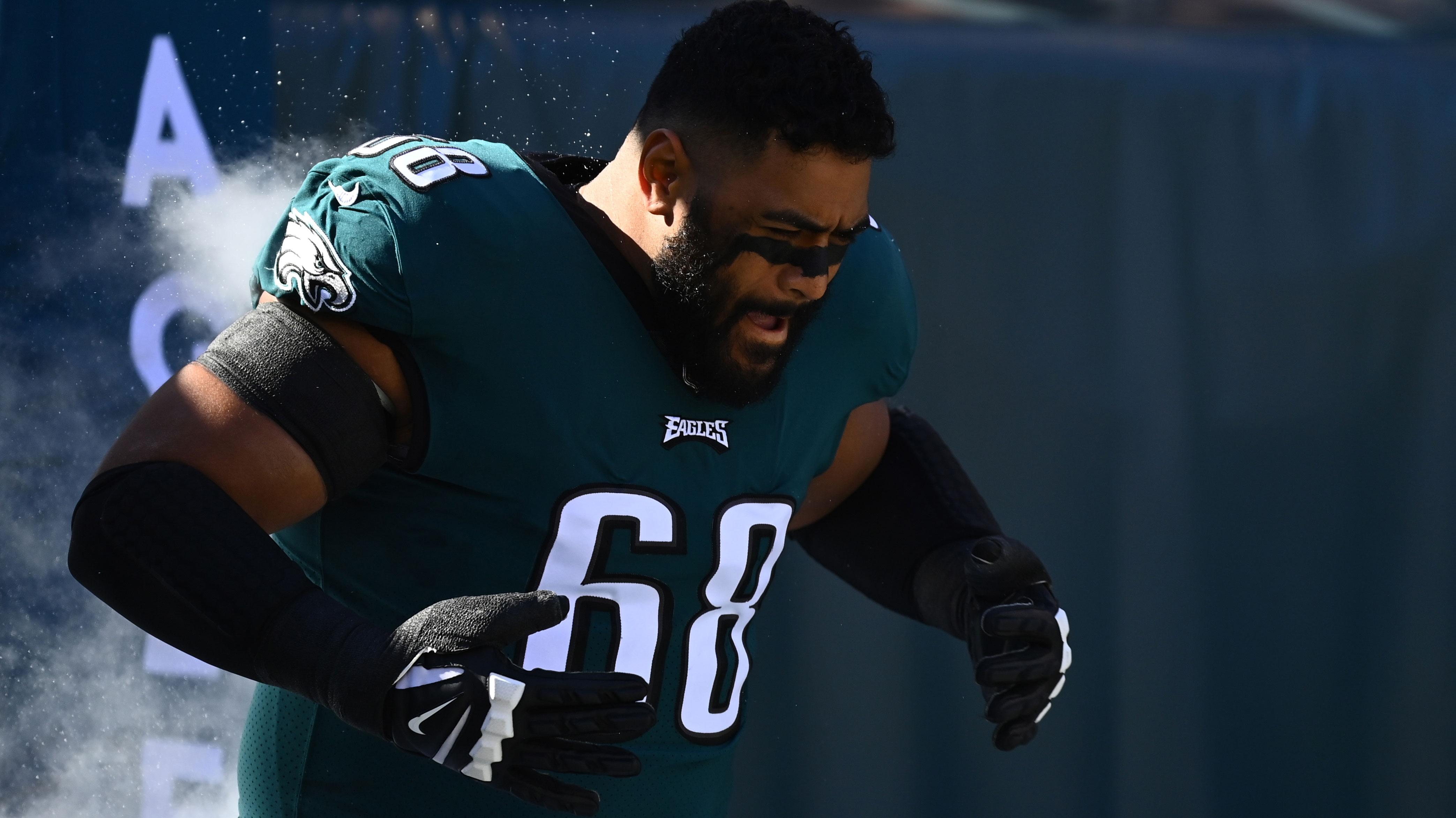 Aussie star Jordan Mailata (68) enters the field for the Philadelphia Eagles.