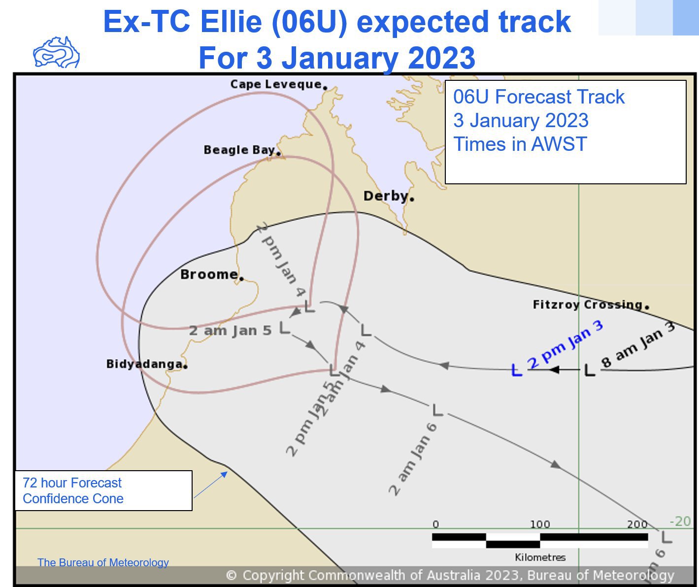 The expected track of Ex-Tropical Cyclone Ellie for January 3, 2023.