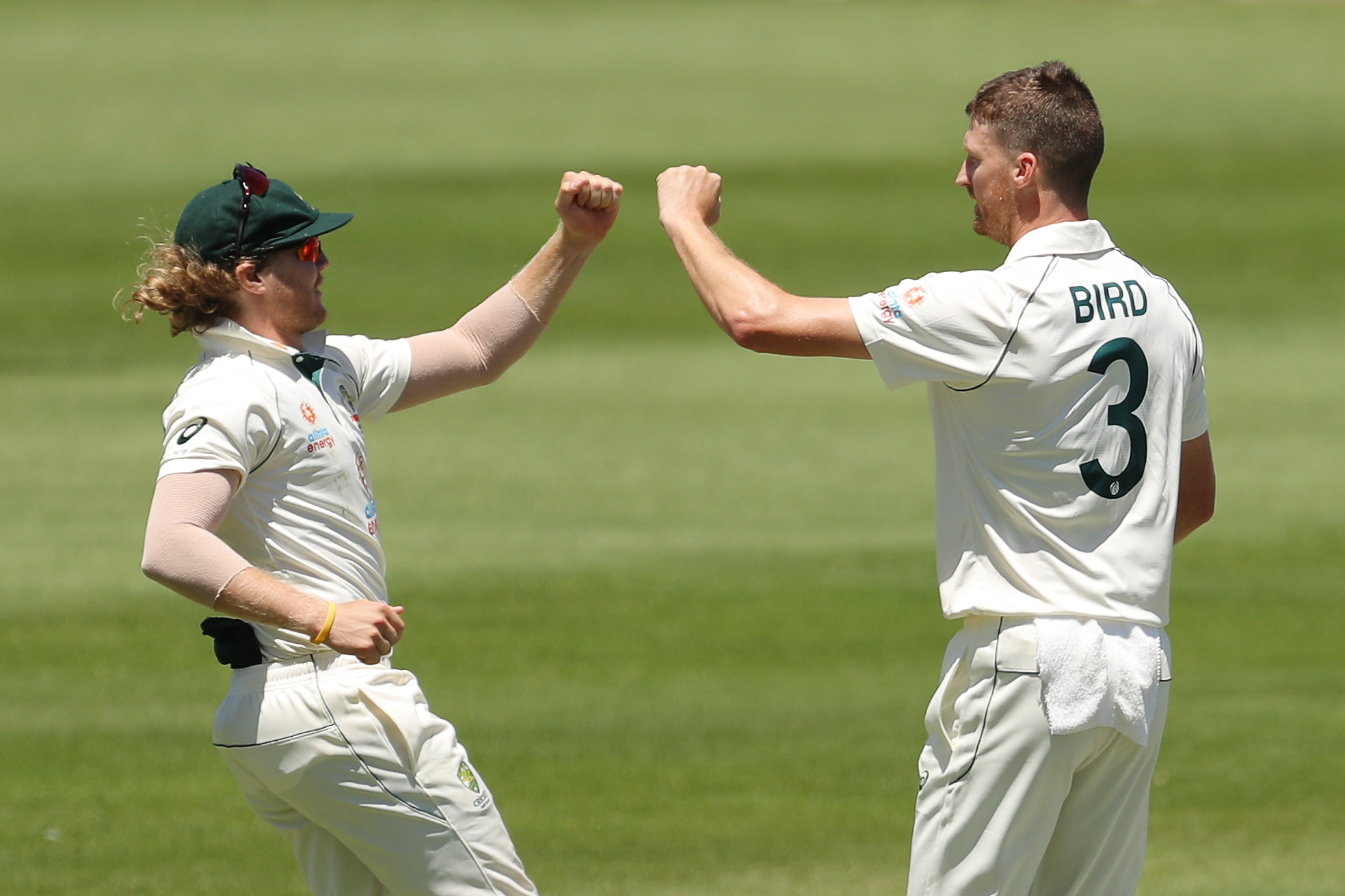 Jackson Bird of Australia A celebrates with Will Pucovski after claiming the wicket of Hanuma Vihari.
