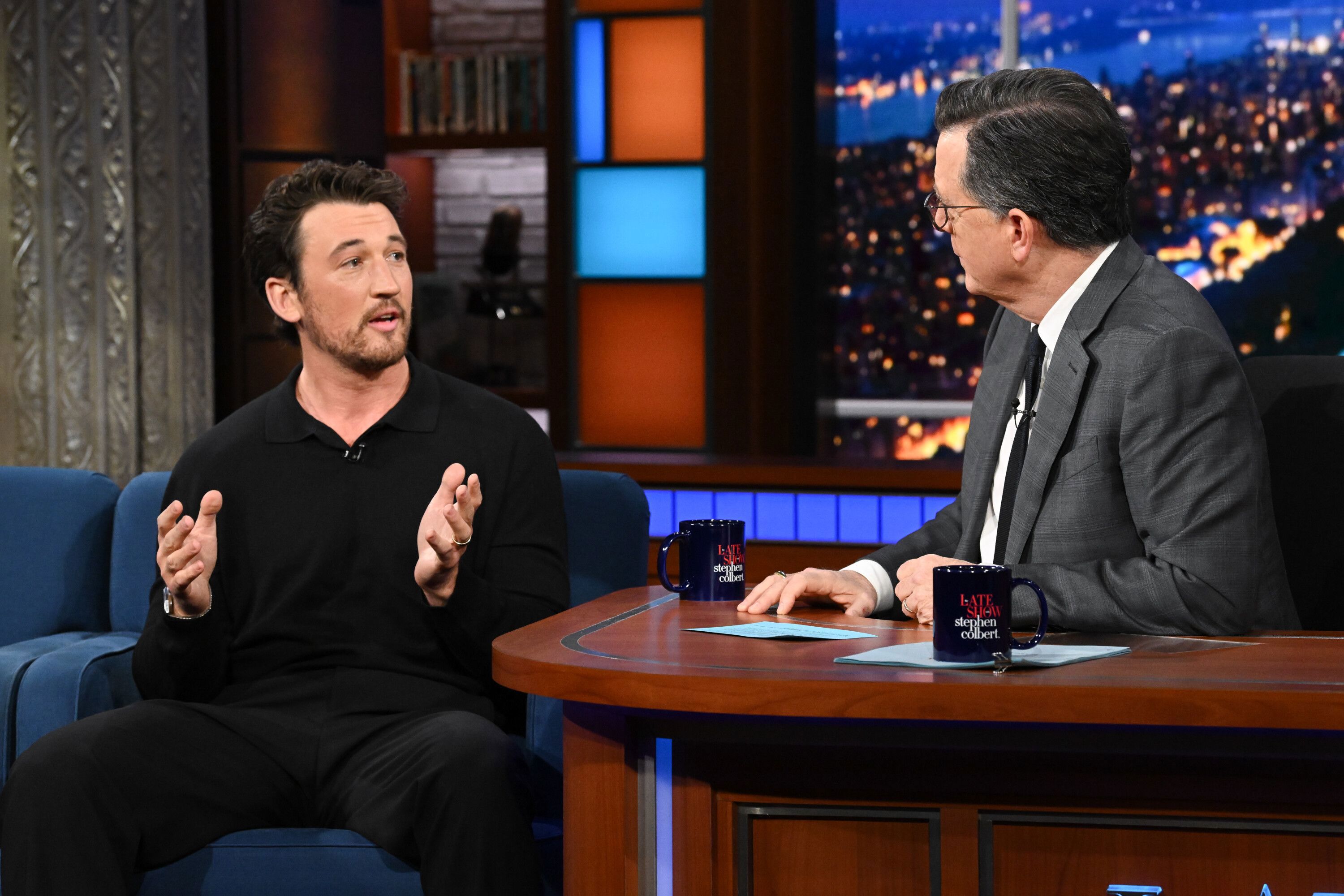 Miles Teller is seen here on Tuesday's episode of The Late Show with Stephen Colbert. Teller's home was destroyed when the Palisades Fire ripped through his Los Angeles neighbourhood last month.