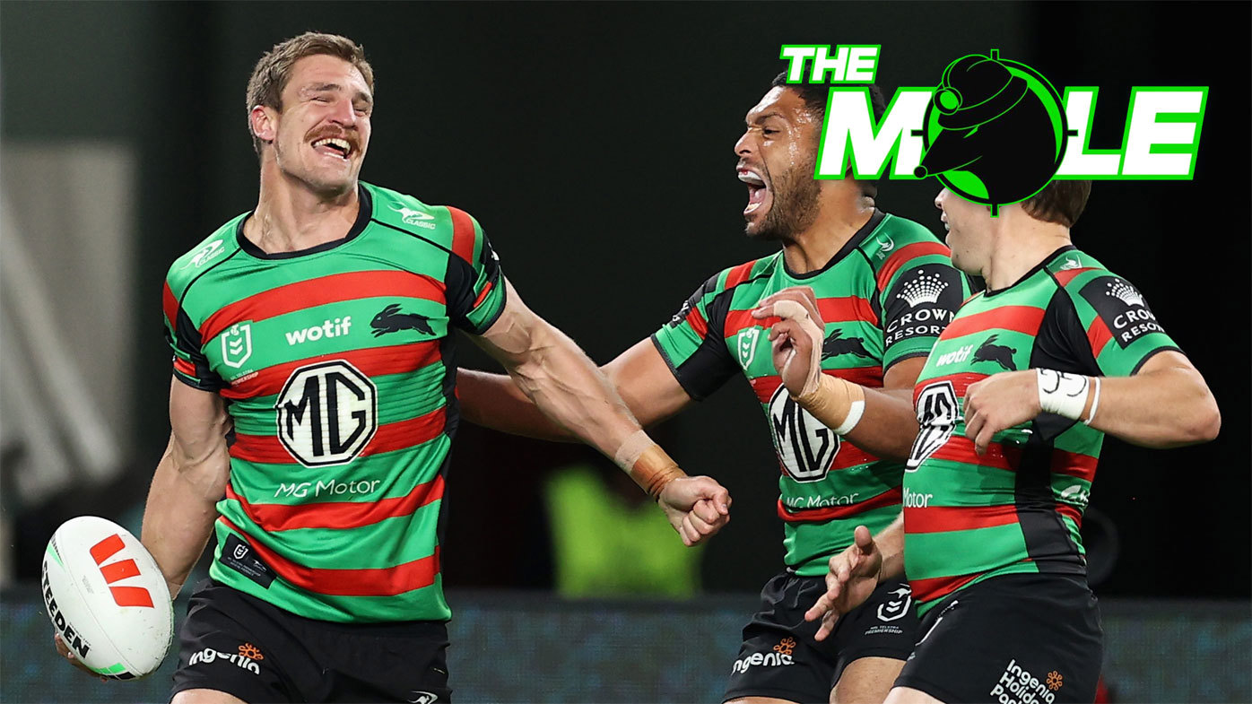 Rabbitohs forward Jed Cartwright celebrates a try.