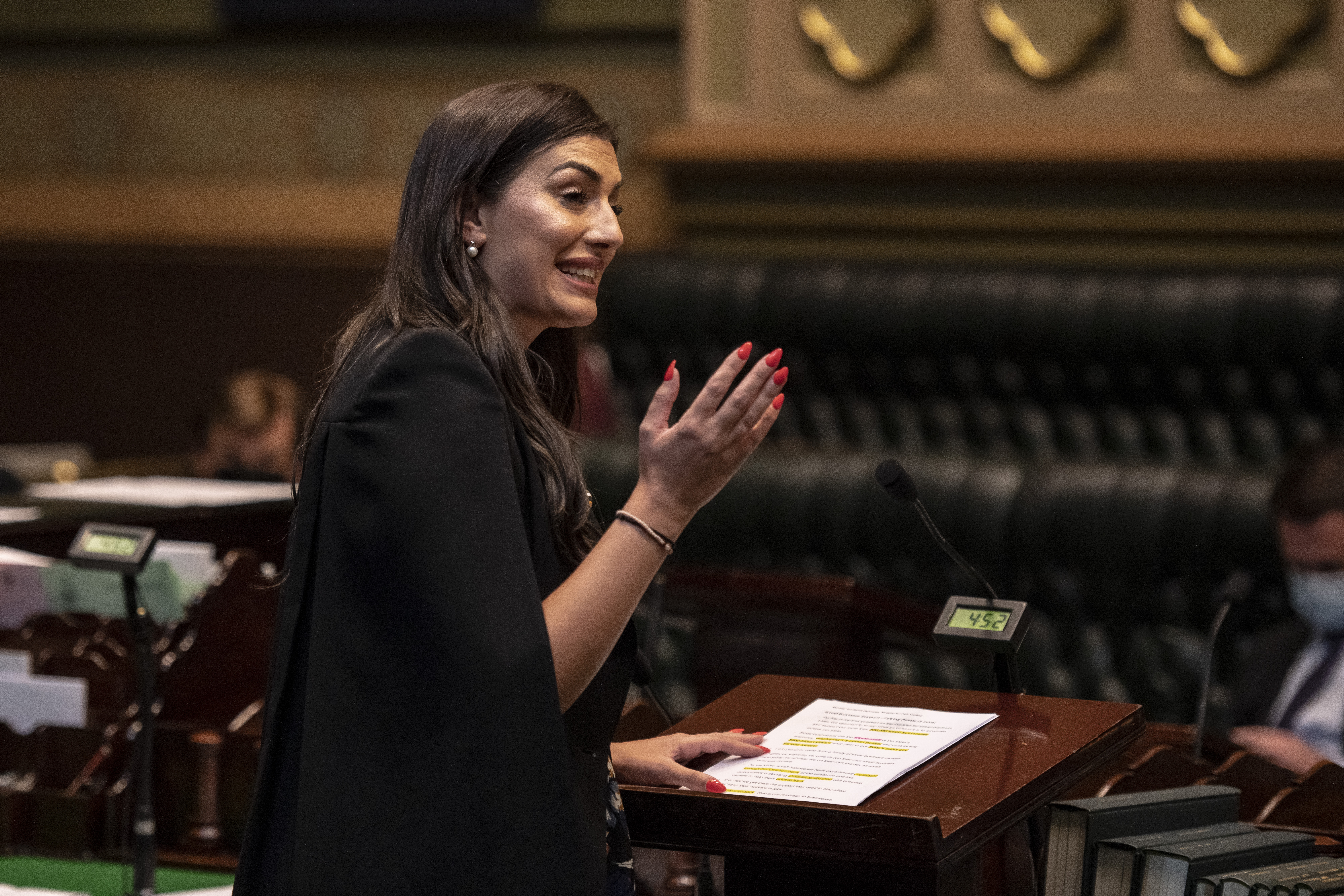 Minister for Small Business Eleni Petinos speaks during Question Time at State Parliament House. Photo: Wolter Peeters, 16th February 2022, The Sydney Morning Herald.