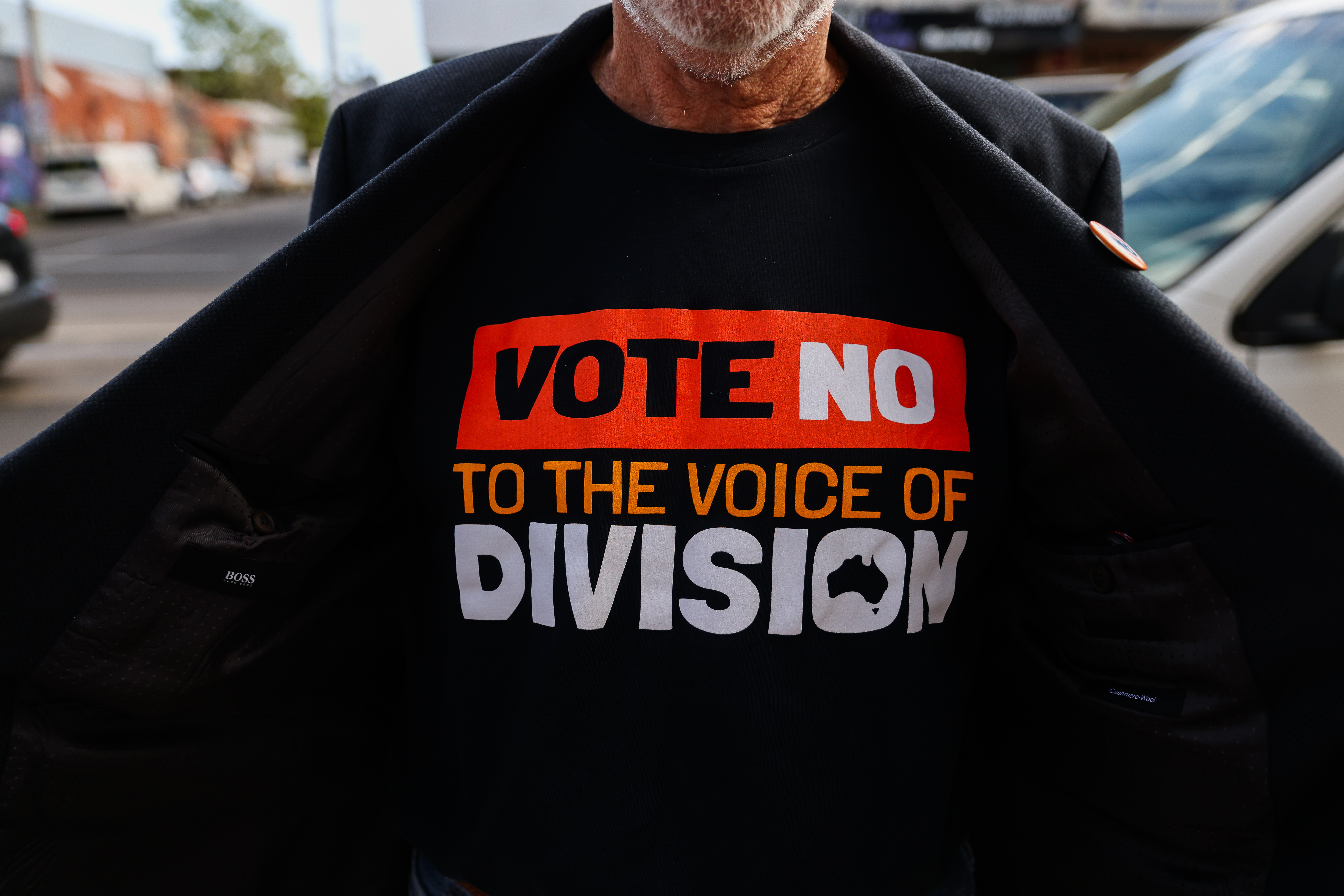 A volunteer wearing a 'Vote No' T-Shirt