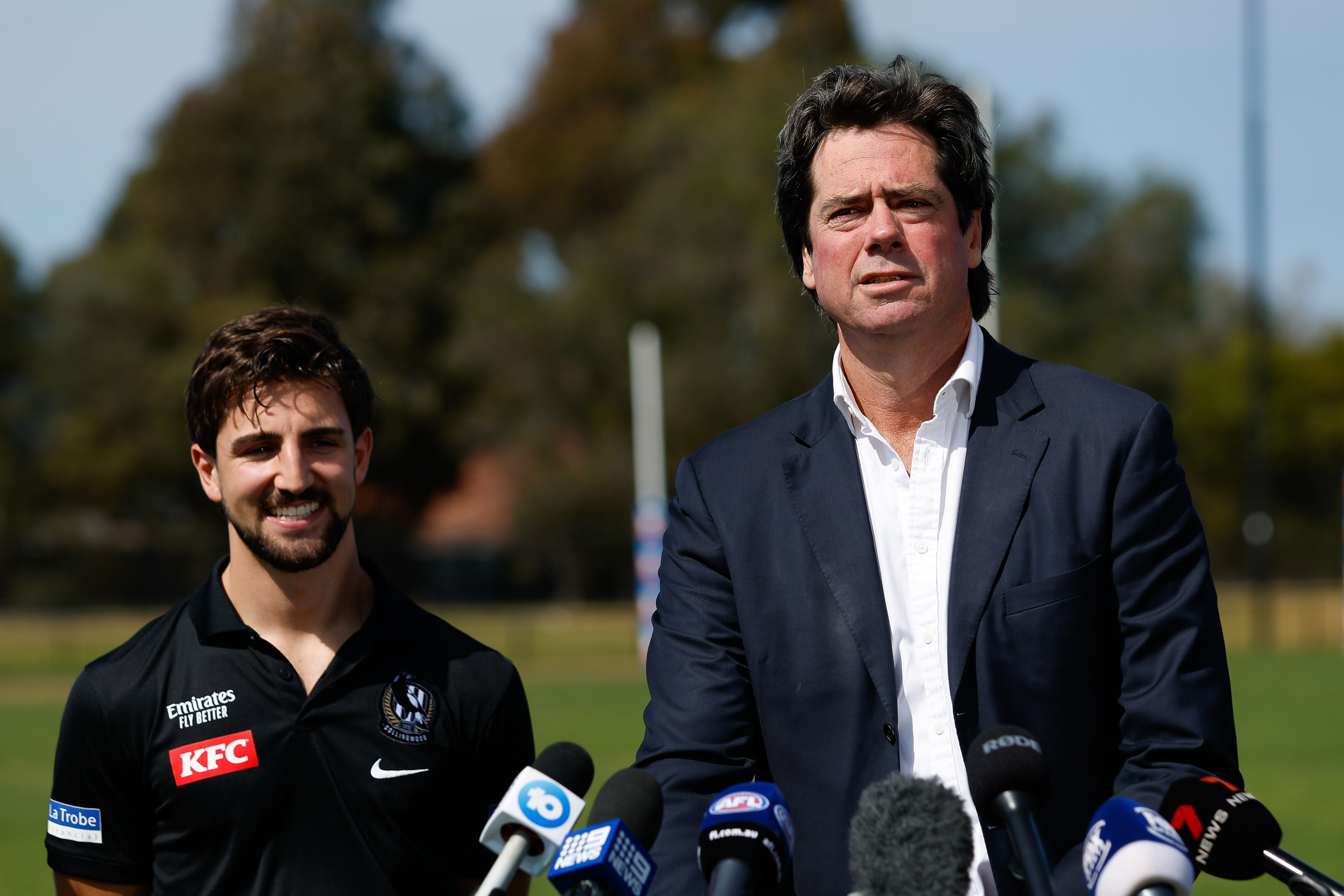 MELBOURNE, AUSTRALIA - SEPTEMBER 14: Gillon McLachlan, Chief Executive Officer of the AFL speaks to the media during the launch of the Telstra Footy Country Grants media opportunity at Yarraville Oval on September 14, 2023 in Melbourne, Australia. (Photo by Dylan Burns/AFL Photos via Getty Images)