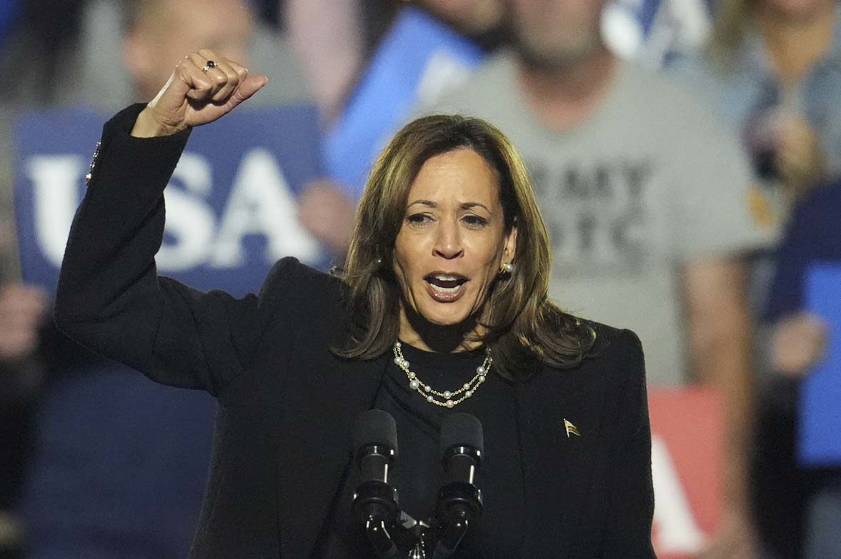 Democratic presidential nominee Vice President Kamala Harris speaks during a campaign rally at Carrie Blast Furnaces in Pittsburgh, Monday, Nov. 4, 2024. (AP Photo/Gene J. Puskar)