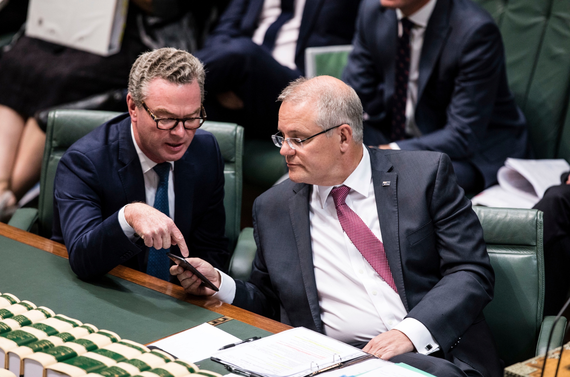 Leader of the House Christopher Pyne and Prime Minister Scott Morrison during Question Time in the House of Representatives at Parliament House in Canberra on November 28, 2018