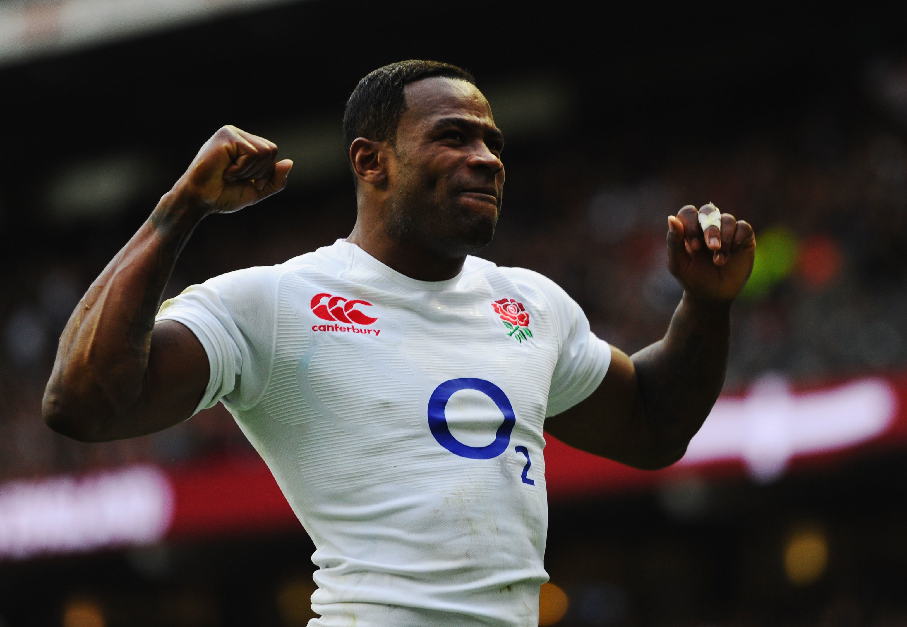 Ugo Monye celebrates during a Test between England and Fiji at Twickenham in 2012.
