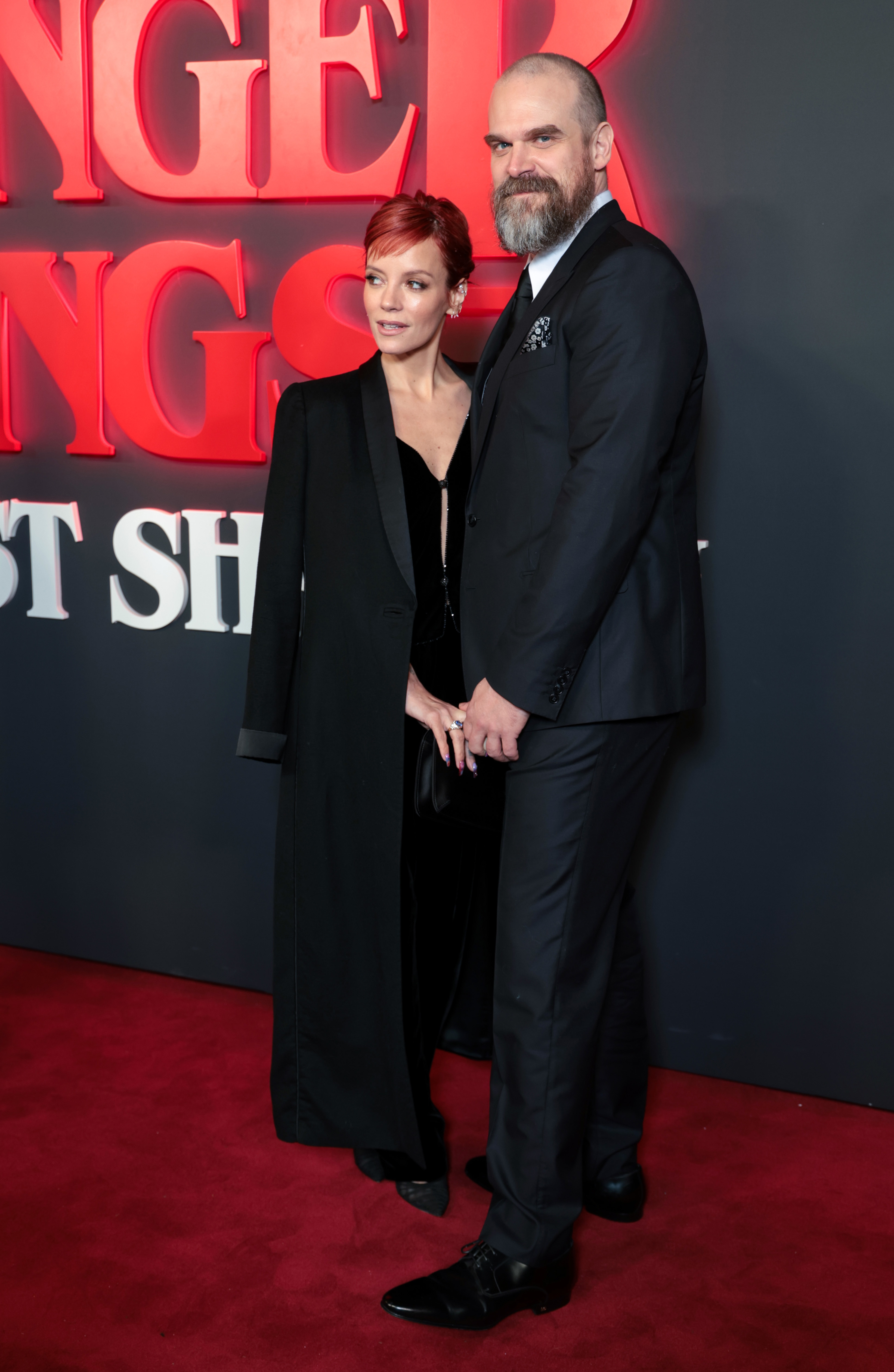 Lily Allen and David Harbour attend the "Stranger Things: The First Shadow" World Premiere at the Phoenix Theatre on December 14, 2023 in London, England.