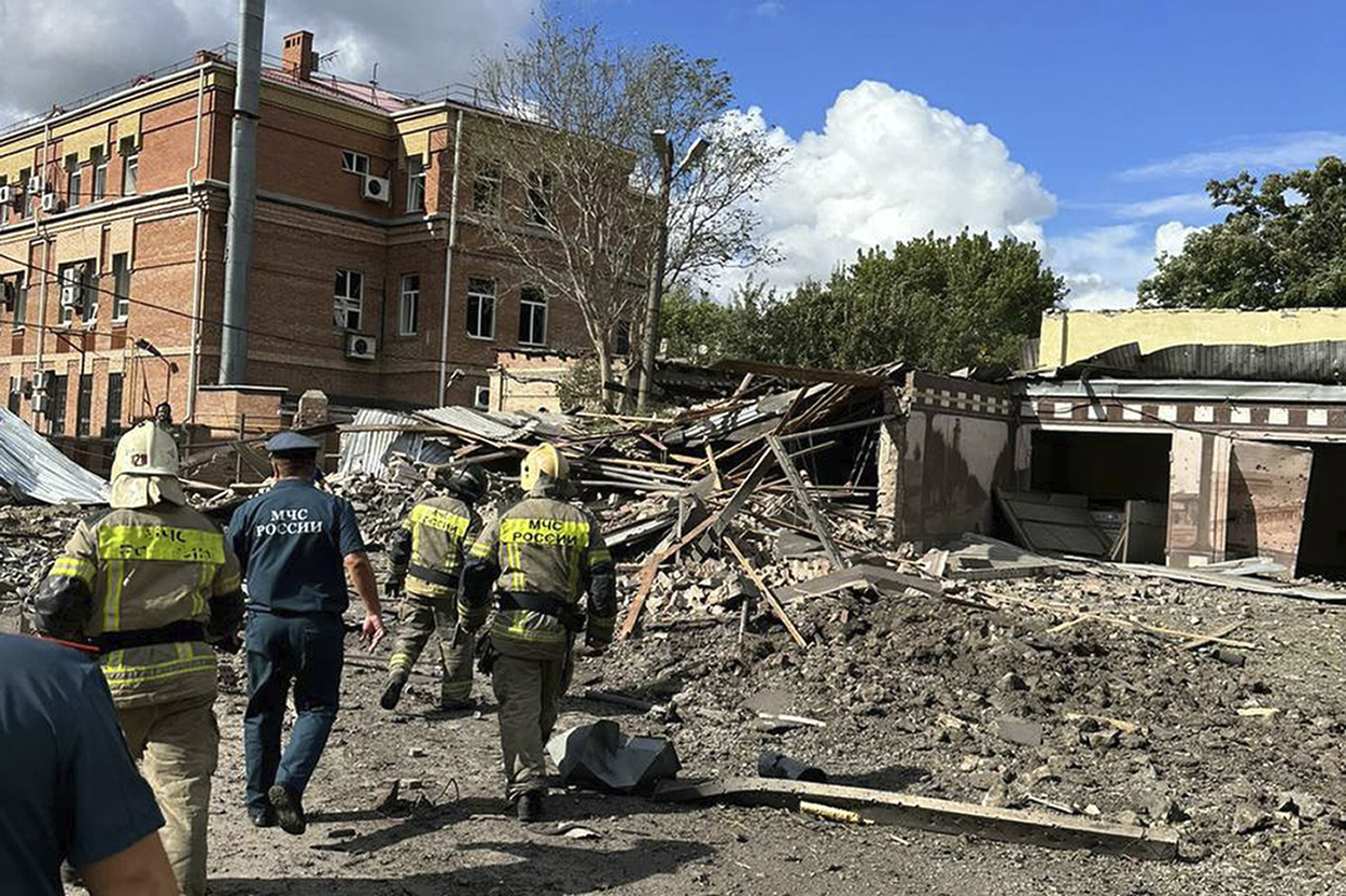 This photo released by Telegram Channel of Rostov-on-Don Region Governor Vasiliy Golubev shows the site of an explosion in Taganrog, Russia, Friday, July 28, 2023. 