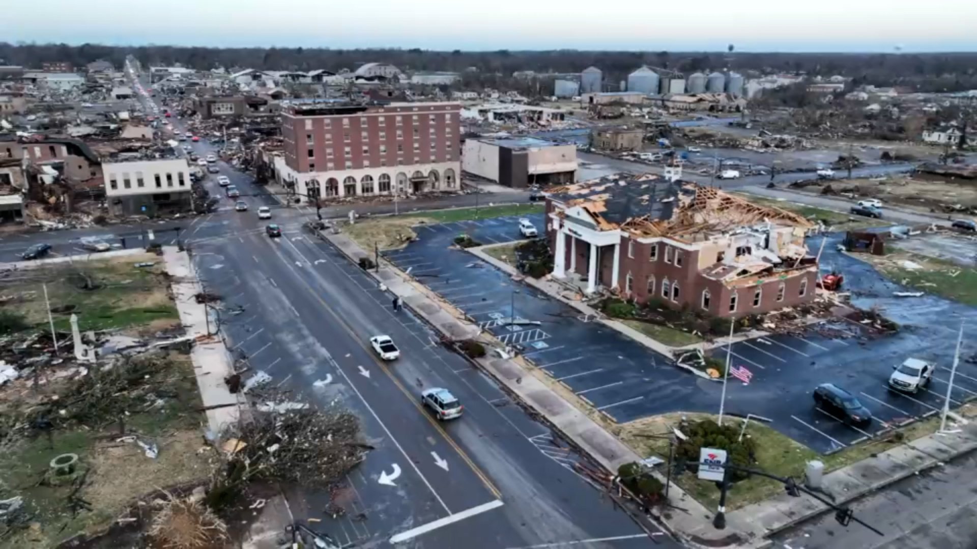 This image shows what remains of downtown Mayfield, Kentucky, following a night of inclement weather in the area.