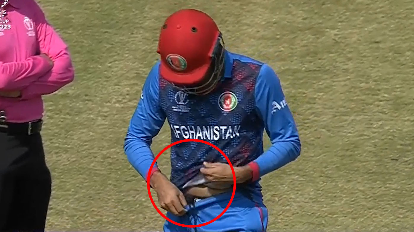 Afghanistan's Mujeeb Ur Rahman was left red-faced after forgetting to wear a box out to bat against Bangladesh