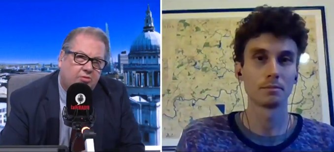 TalkRADIO host Mike Graham (left) and Insulate Britain spokesperson Cameron Ford.