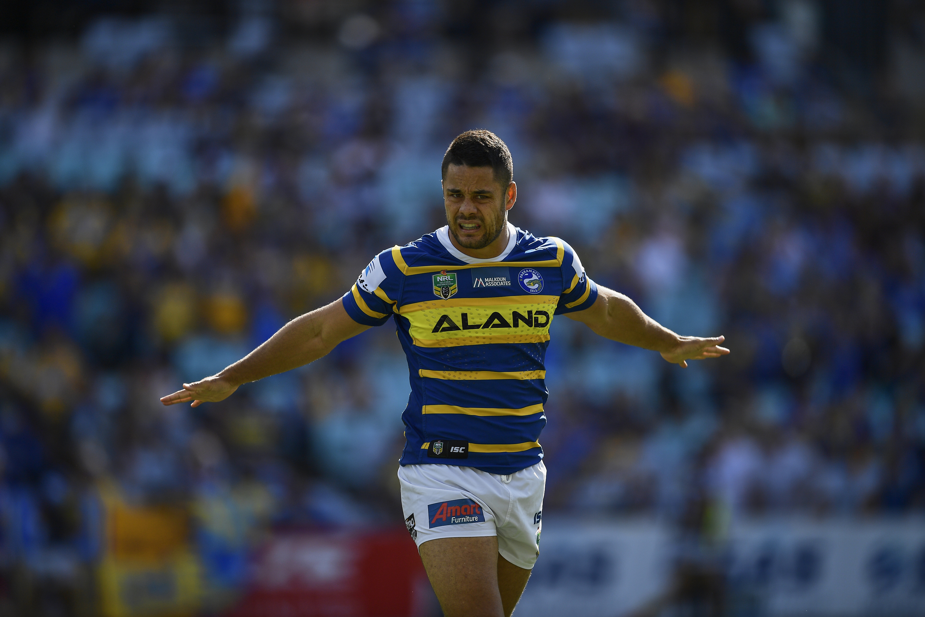 Jarryd Hayne in Parramatta colours in 2018, his final NRL season.