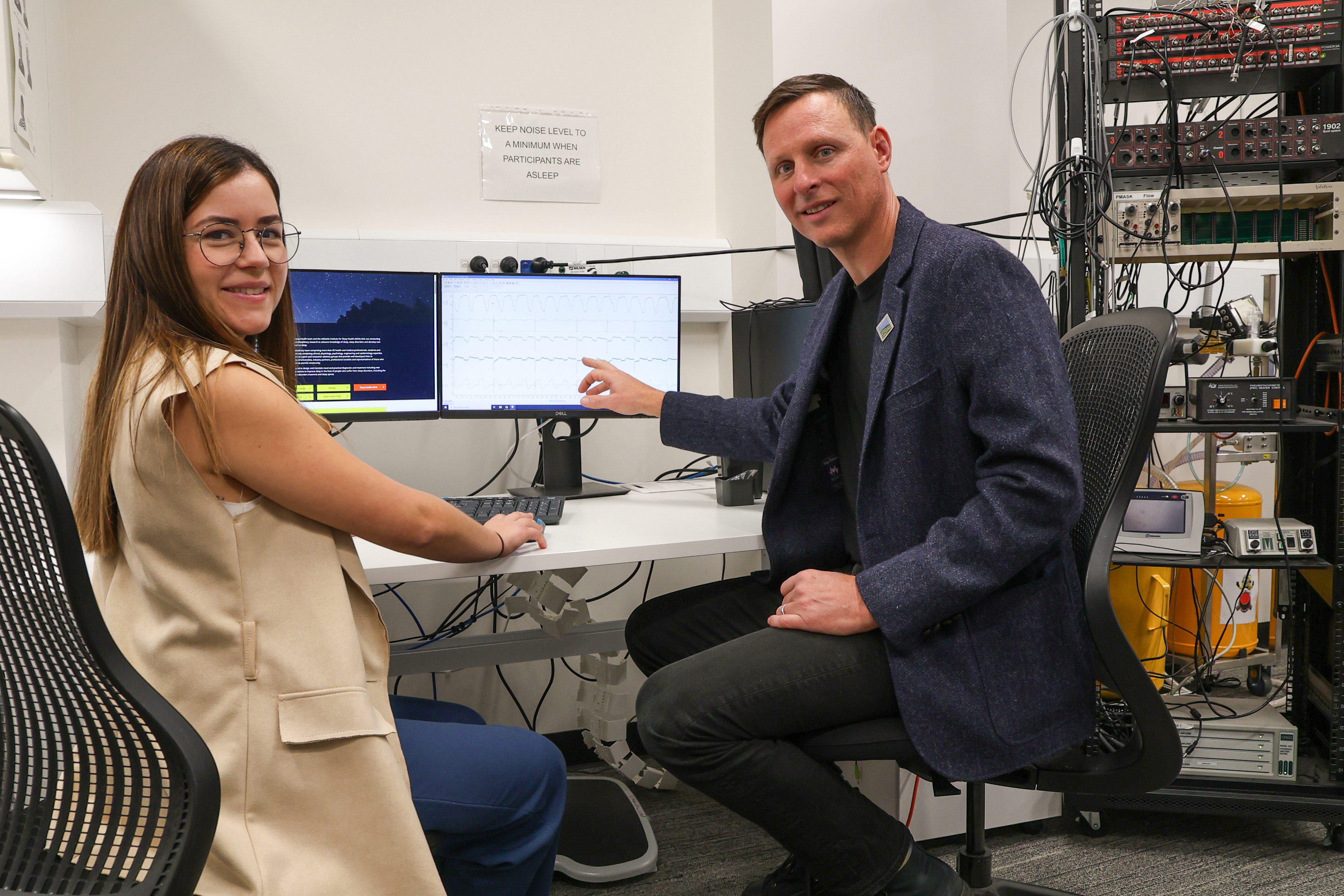 Lead author and Research Fellow Dr Lucia Pinilla with Flinders professor and director of FHMRI Sleep Health Danny Eckert.