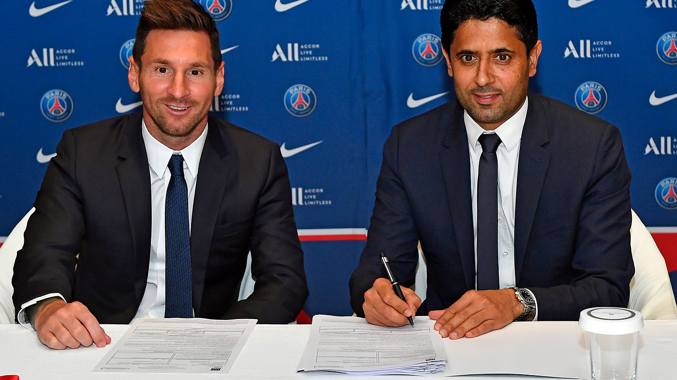 Lionel Messi sign his 2 year contract with Paris Saint-Germain President Nasser Al Khelaifi on August 10, 2021 in Paris, France.