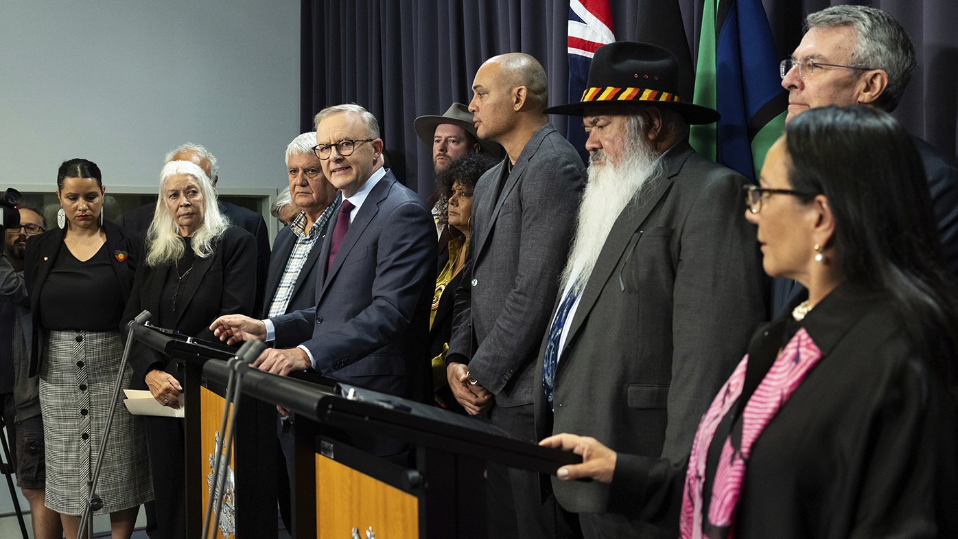 Prime Minister Anthony Albanese during a press conference at Parliament House in Canberra to reveal the wording of the Voice referendum question.