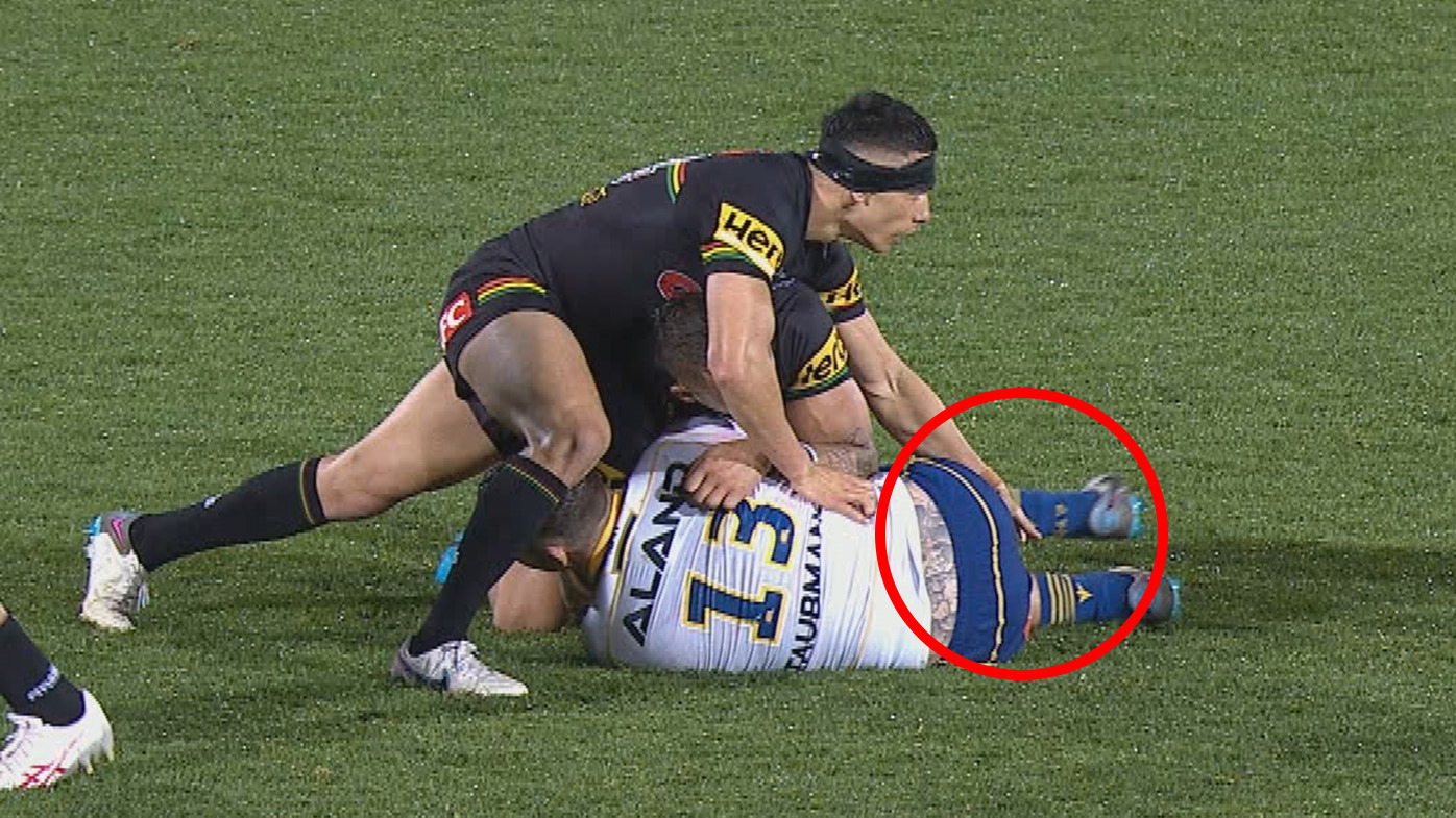 Panthers rookie Soni Luke has been issued a 'concerning act notice' for this moment on Eels lock J'maine Hopgood.
