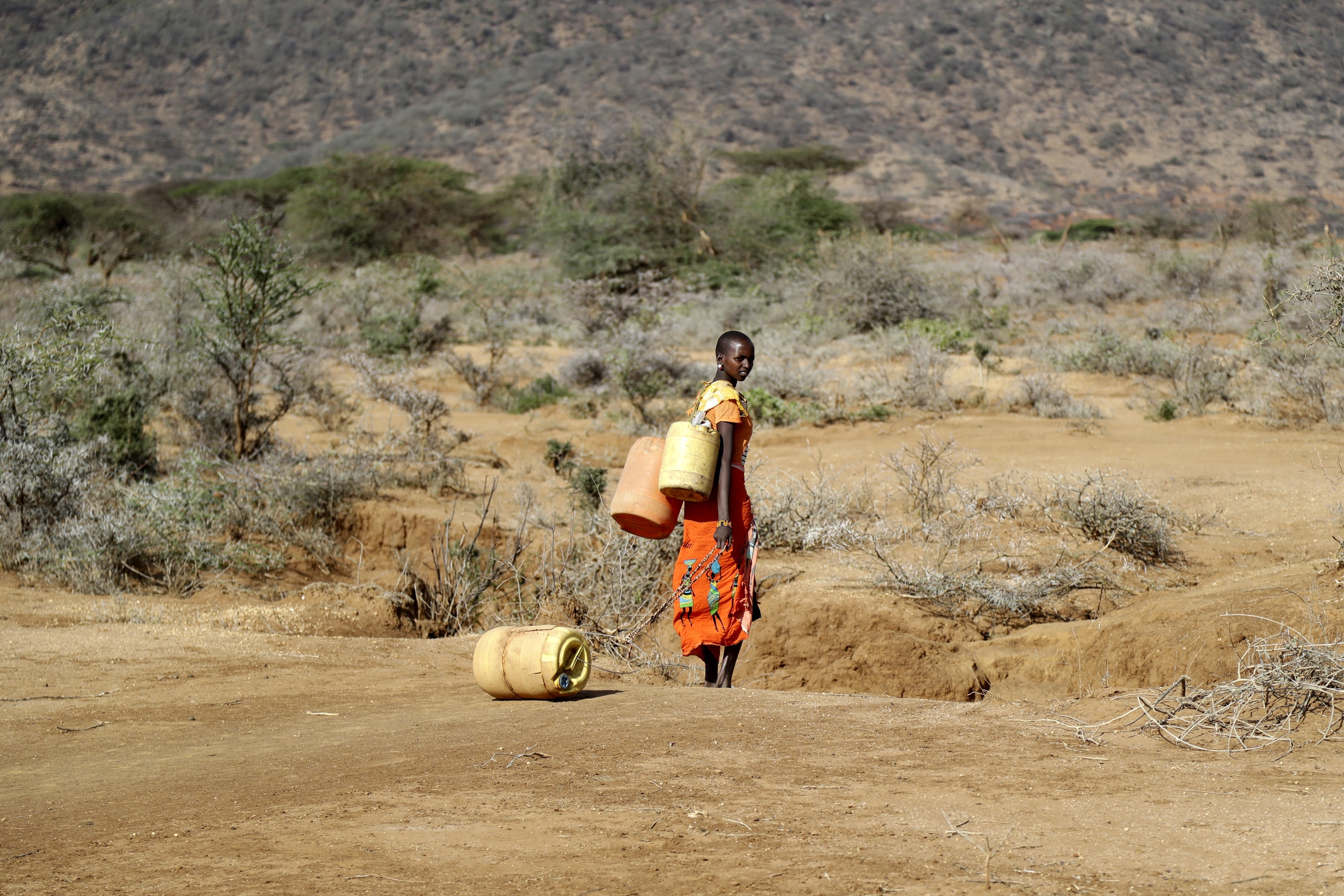 A Samburu woman fetches water during a drought in Loolkuniyani Primary School, Samburu county, Kenya on Oct. 16, 2022. 