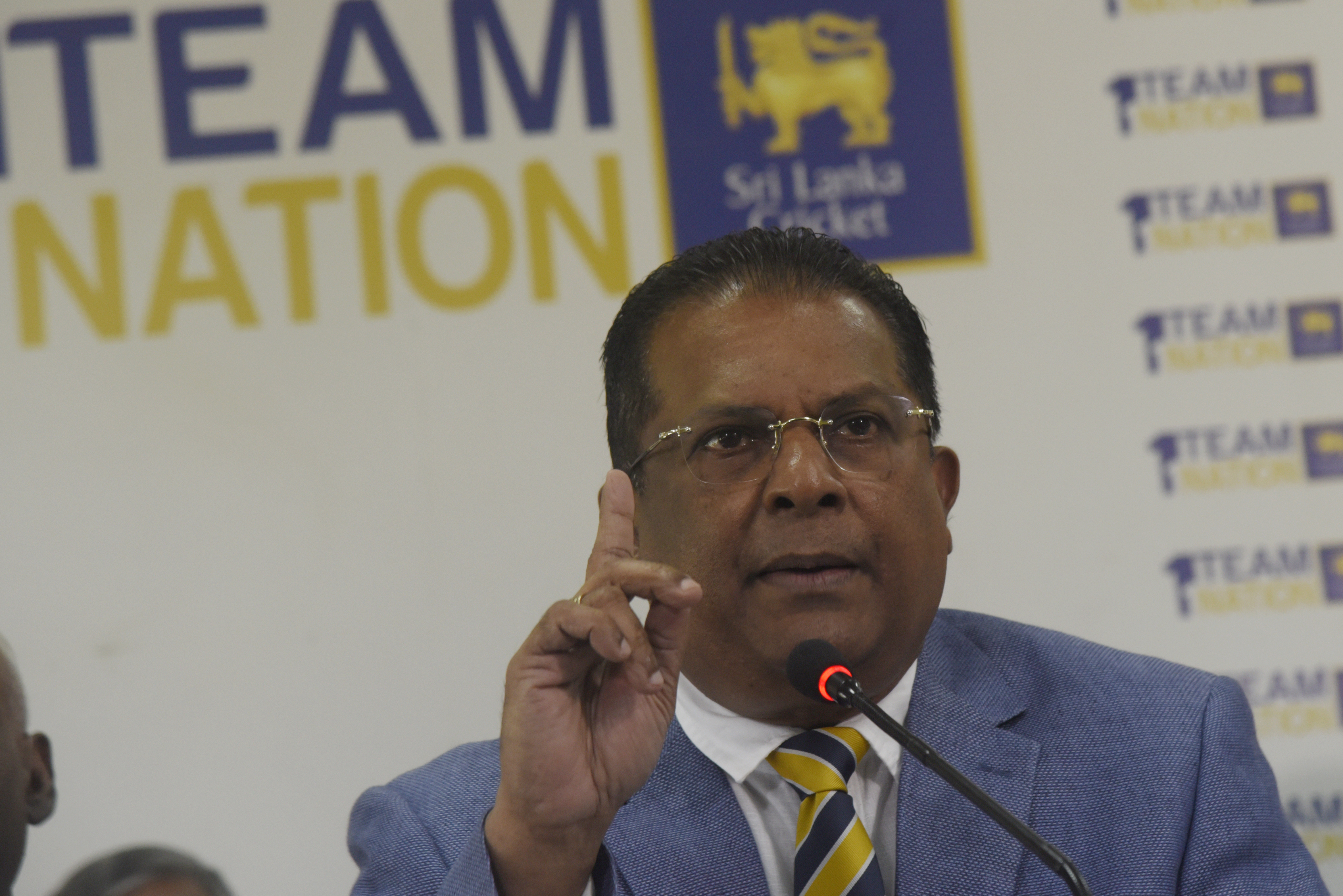 Shammi Silva, the president of the country's cricket body, and members of his committee are seen during a press conference on November 11, 2023, in Colombo, Sri Lanka. (Photo by Akila Jayawardena/NurPhoto)