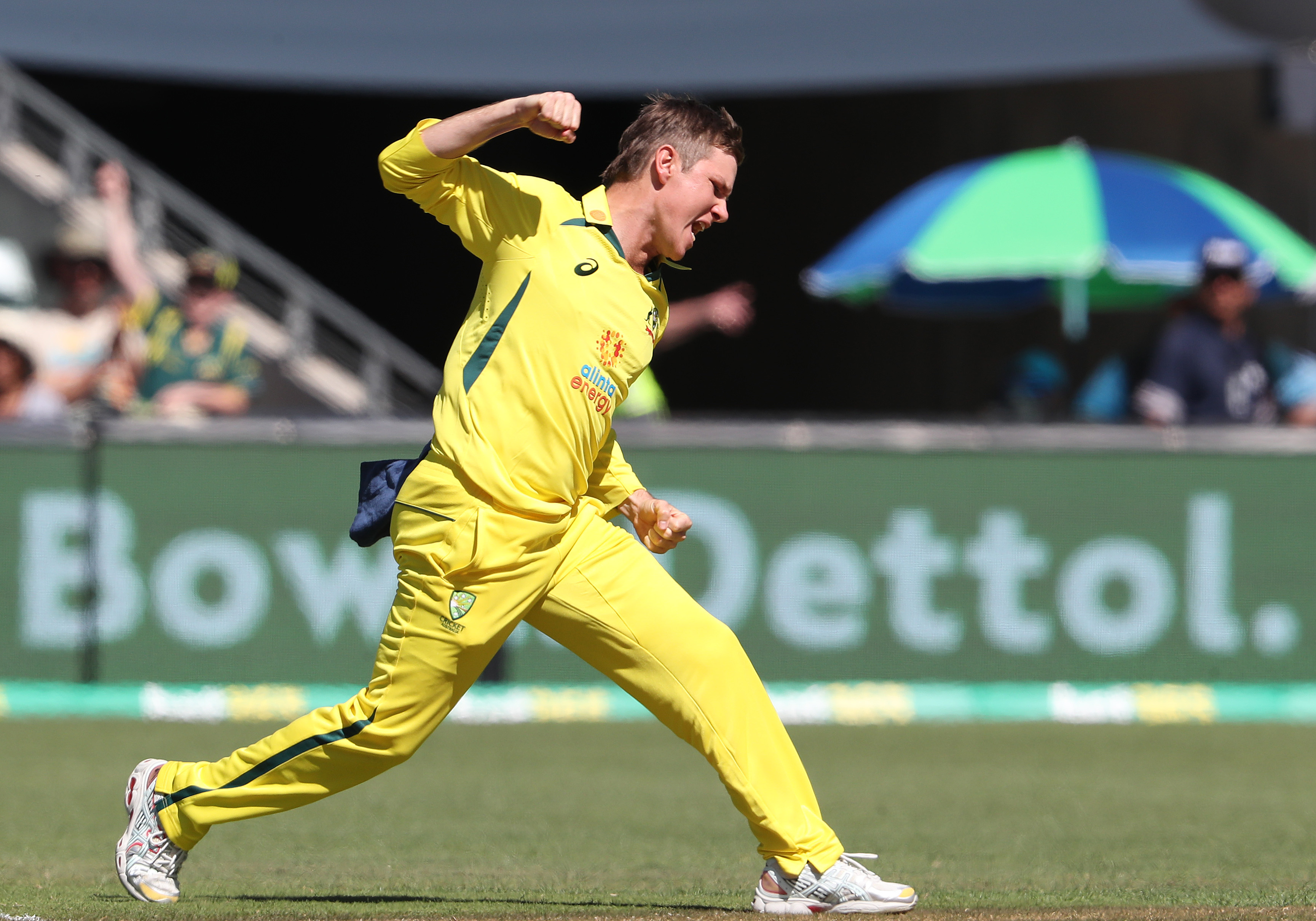 Adam Zampa of Australia celebrates getting the wicket of  Jos Buttler of England for 29.