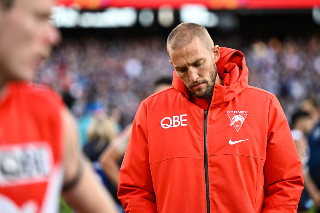 Sam Reid of the Swans looks upset after the loss during the 2022 Toyota AFL Grand Final match between the Geelong Cats and the Sydney Swans.