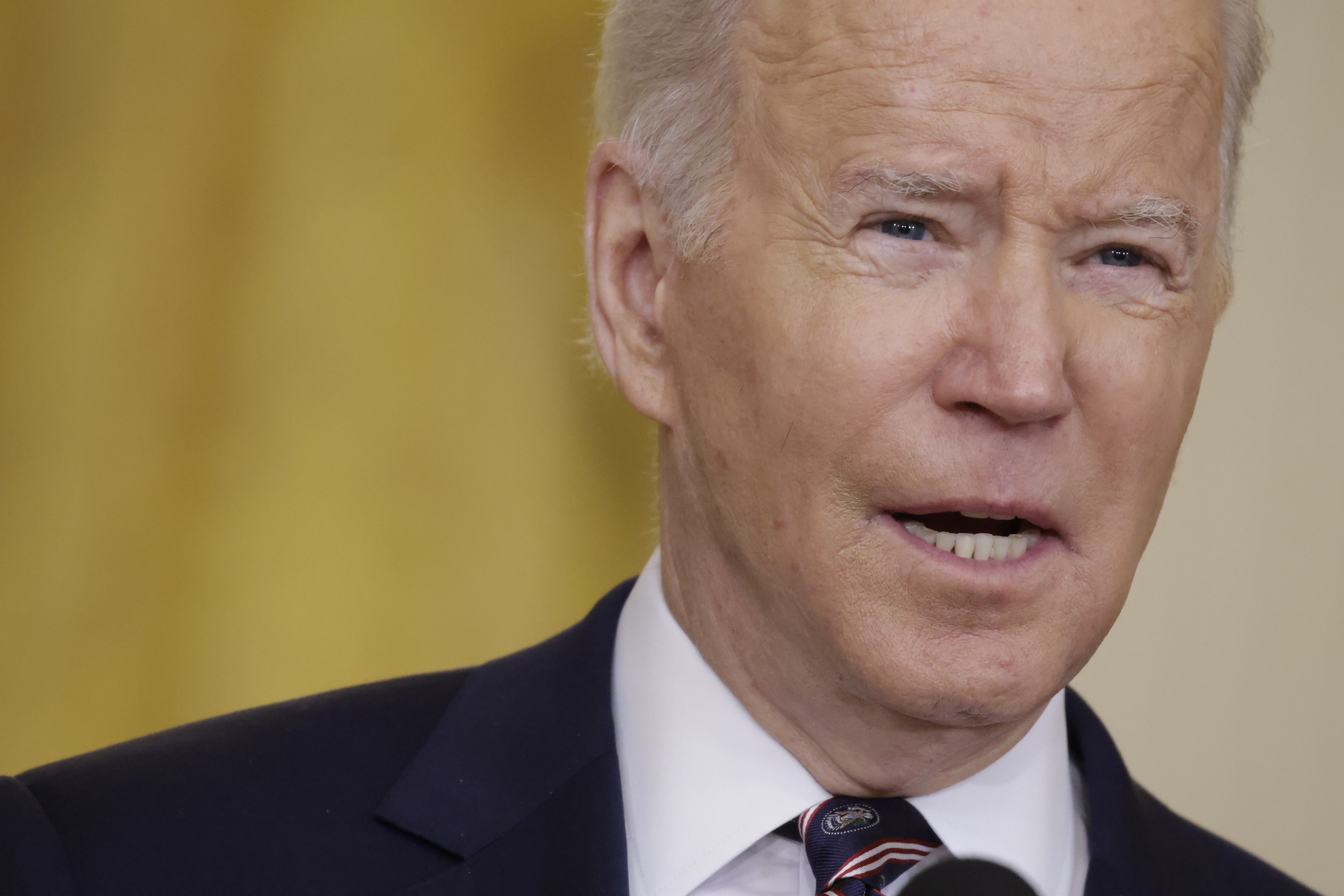 U.S. President Joe Biden speaks on Russia and Ukraine in the East Room of the White House in Washington, D.C., U.S., on Tuesday, Feb. 22, 2022. Biden is addressing the situation in Ukraine, with the U.S. expected to announce new sanctions after the European Union and the U.K. set out an initial set of penalties targeting Moscow. Photographer: Samuel Corum/Bloomberg