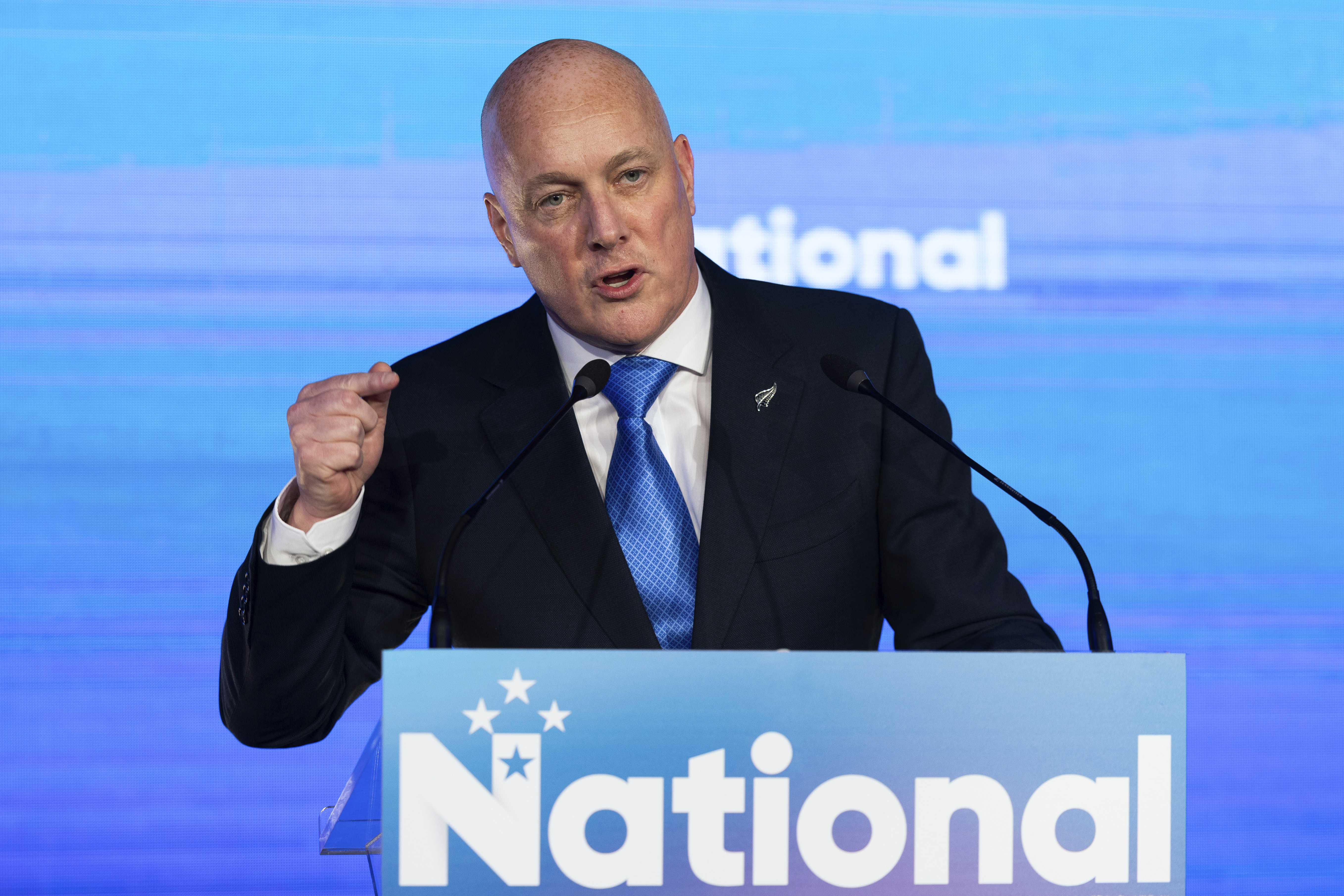 New Zealand National Party leader and Prime Minister elect Christopher Luxon speaks to supporters at a party event in Auckland, Saturday, Oct. 14, 2023, following a general election. 