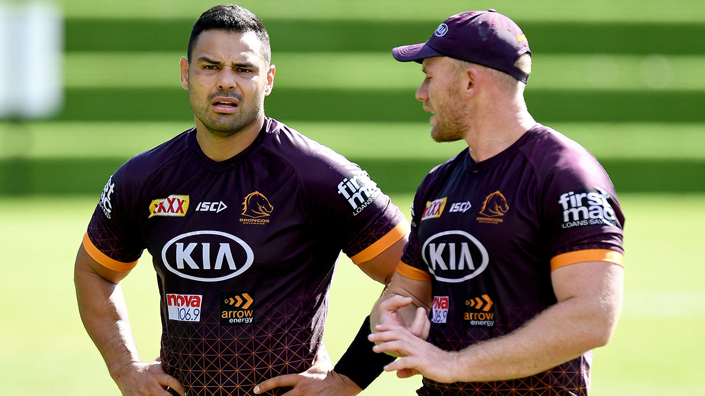 Ben Te'o chats with Matthew Lodge during a Brisbane Broncos NRL training session