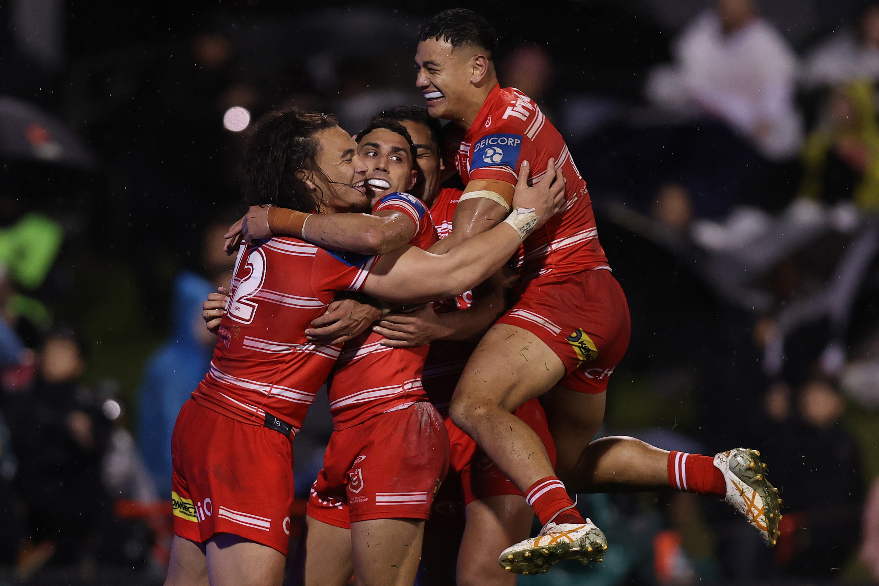 Tyrell Sloan of the Dragons celebrates scoring a try during the round 13 NRL match between Penrith Panthers and St George Illawarra Dragons at BlueBet Stadium on June 01, 2024 in Penrith, Australia. (Photo by Jason McCawley/Getty Images)