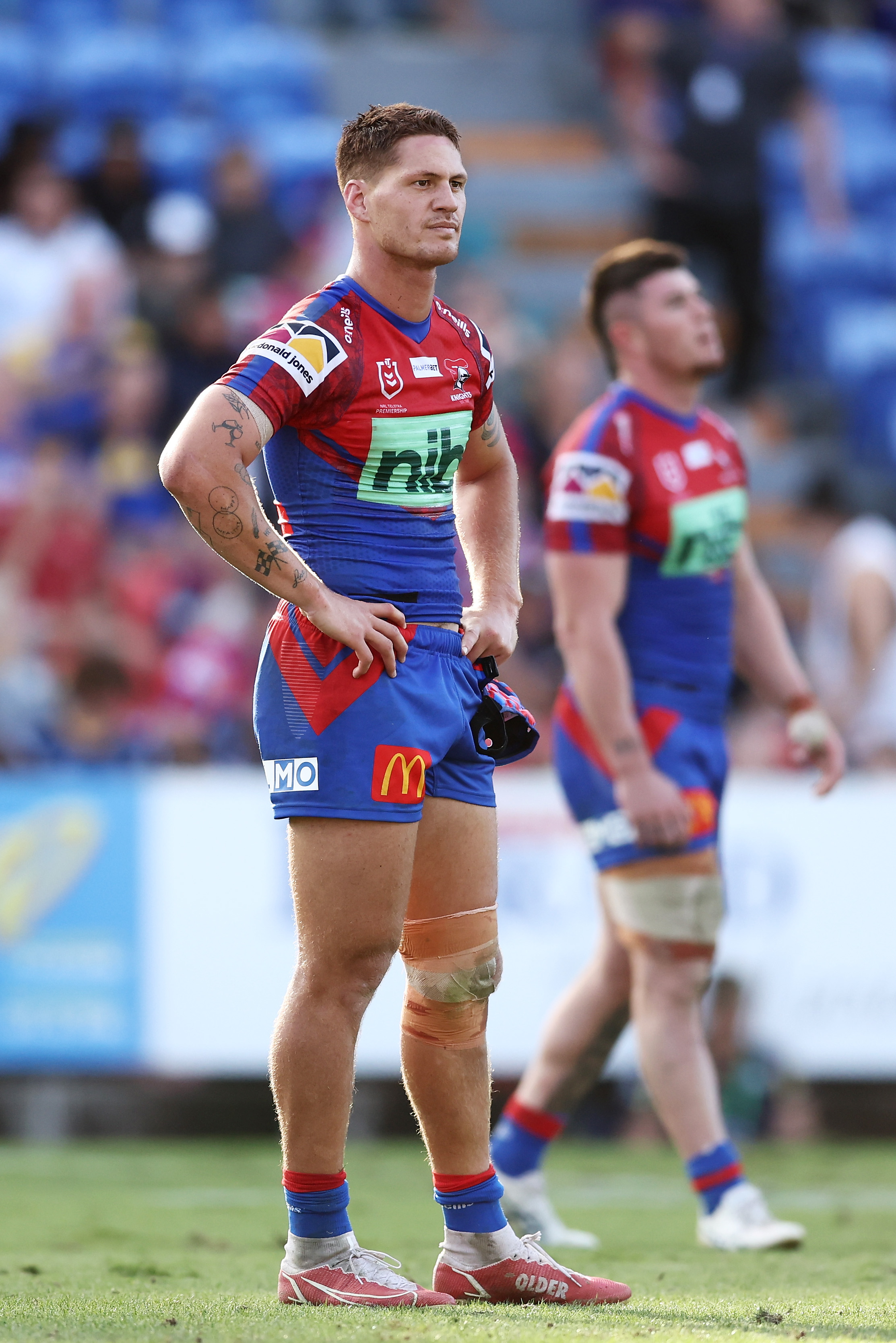 Kalyn Ponga of the Knights looks dejected at full-time after losing to the Eels at McDonald Jones Stadium.