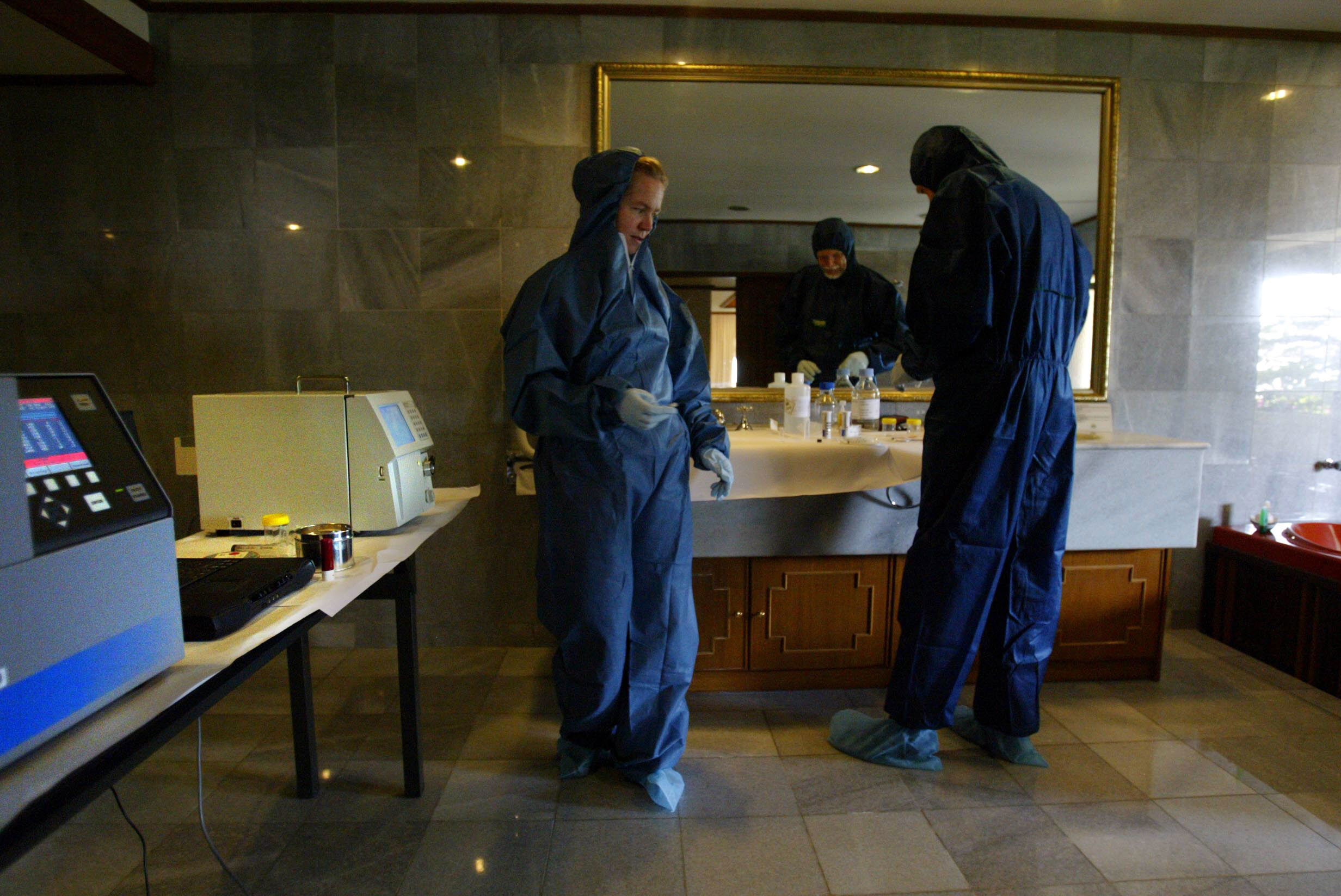 AFP forensics officers working in a makeshift lab set-up in Kuta following the 2005 Bali bombings.