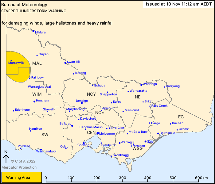 A severe storm warning is current along the Victoria-South Australia border.