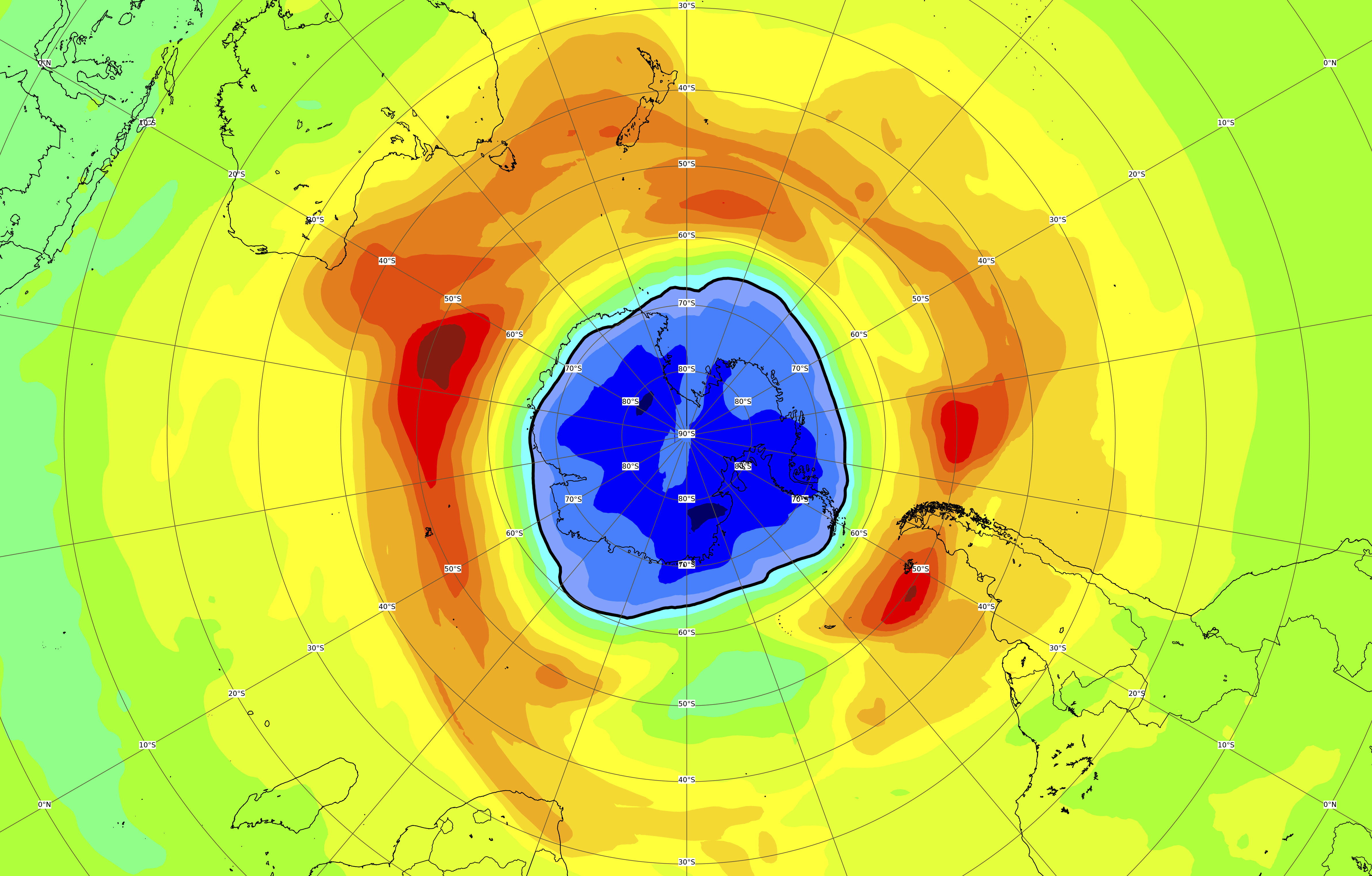 This image, provided on Thursday, Sept. 16, 2021 by the European Space Agency (ESA) shows a map of the ozone hole over the South Pole on 16 September 2021. Scientists say the Southern Hemisphere ozone hole is larger than usual and already surpasses the size of Antarctica. (AP Photo/European Space Agency, ESA)