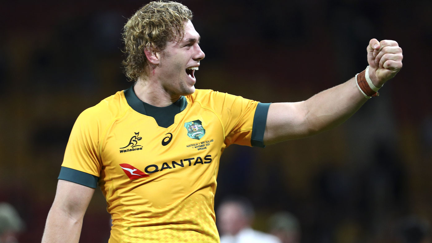 Australia's Ned Hanigan gestures following during the Bledisloe rugby test between Australia and New Zealand at Suncorp Stadium, Brisbane, Australia, Saturday, Nov.7, 2020