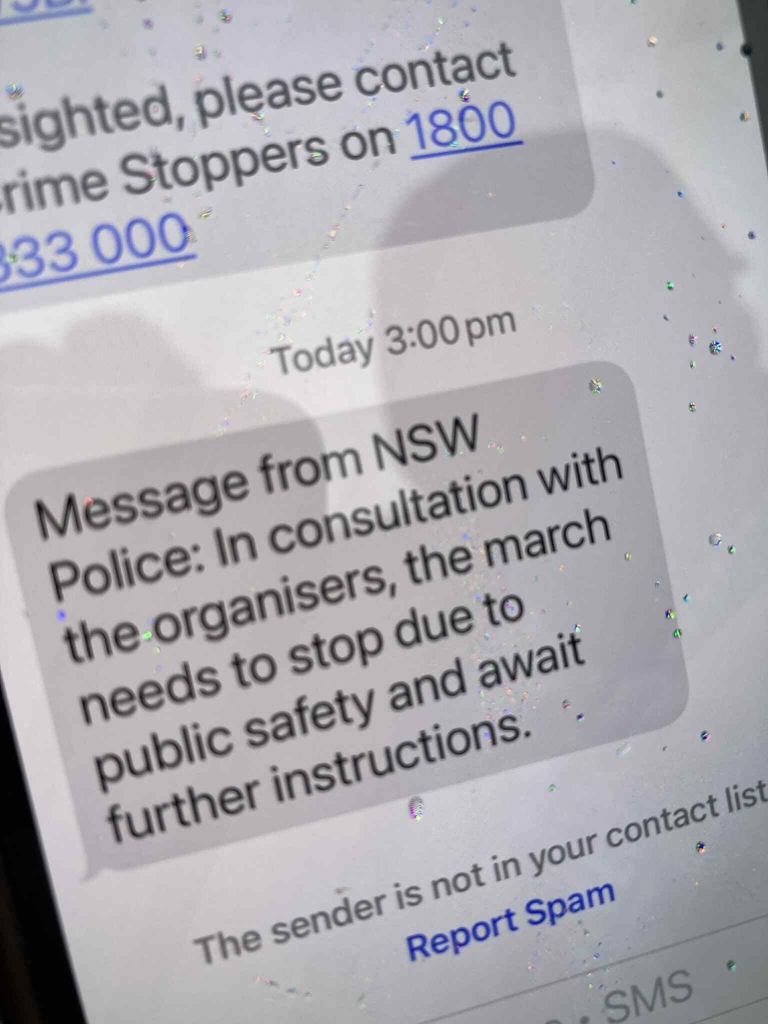 Text message sent to protesters in Sydney