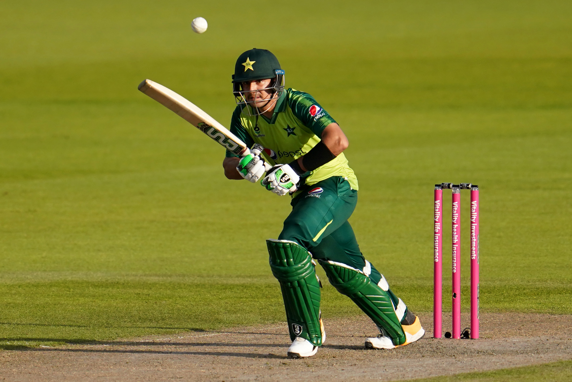 Pakistan's Haider Ali batting in a T20 international in 2020.