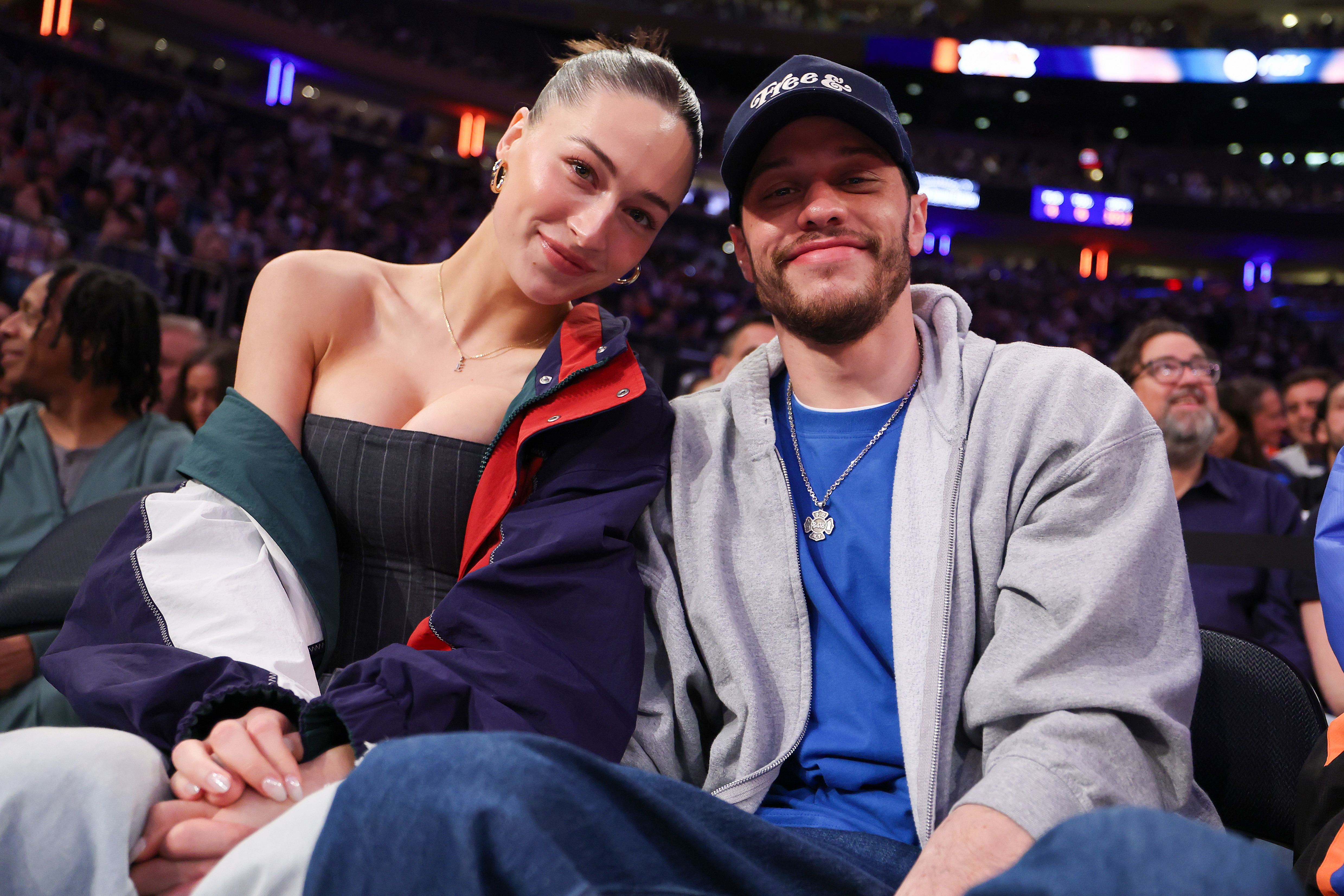 NEW YORK, NEW YORK - MAY 16: Elsie Hewitt and Pete Davidson are seen as the Boston Celtics take on the New York Knicks in the first quarter of Game Six of the Eastern Conference Second Round NBA Playoffs at Madison Square Garden on May 16, 2025 in New York City. NOTE TO USER: User expressly acknowledges and agrees that, by downloading and or using this photograph, User is consenting to the terms and conditions of the Getty Images License Agreement. (Photo by Al Bello/Getty Images)
