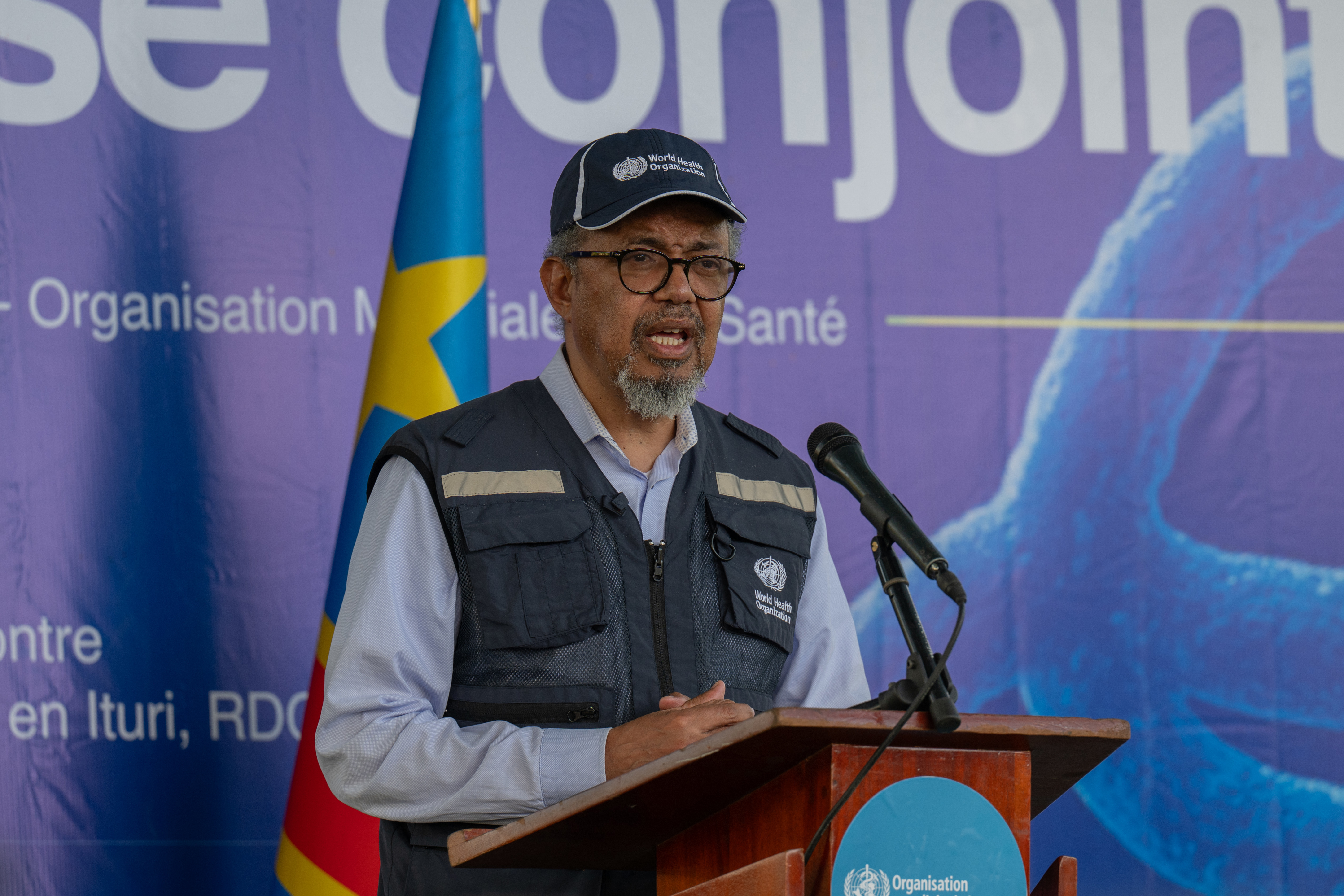 Director General of the World Health Organisation (WHO) Tedros Adhanom Ghebreyesus speaks to the press during a briefing on the Ebola response in Bunia, Congo, Saturday, May 30, 2026. (AP Photo/Moses Sawasawa)