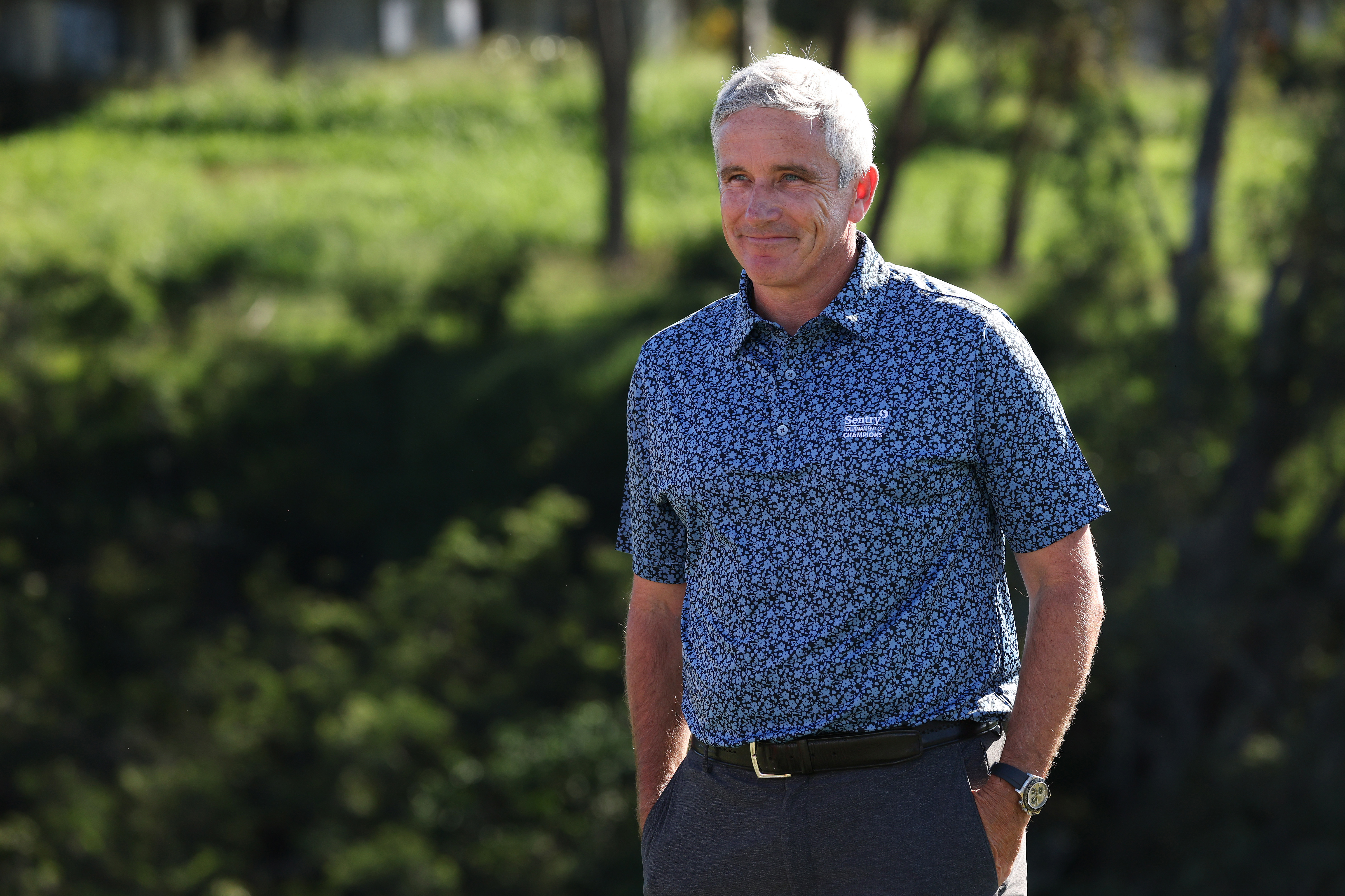 Jay Monahan, PGA TOUR Commissioner, looks on during the trophy ceremony after the final round of the Sentry Tournament of Champions at Plantation Course at Kapalua Golf Club on January 08, 2023 in Lahaina, Hawaii. (Photo by Harry How/Getty Images)