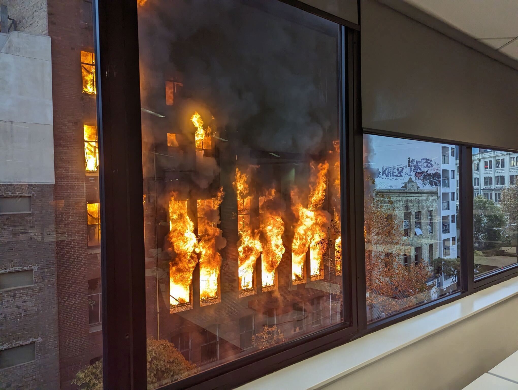 Watching commuters and office workers were left stunned by the blaze.