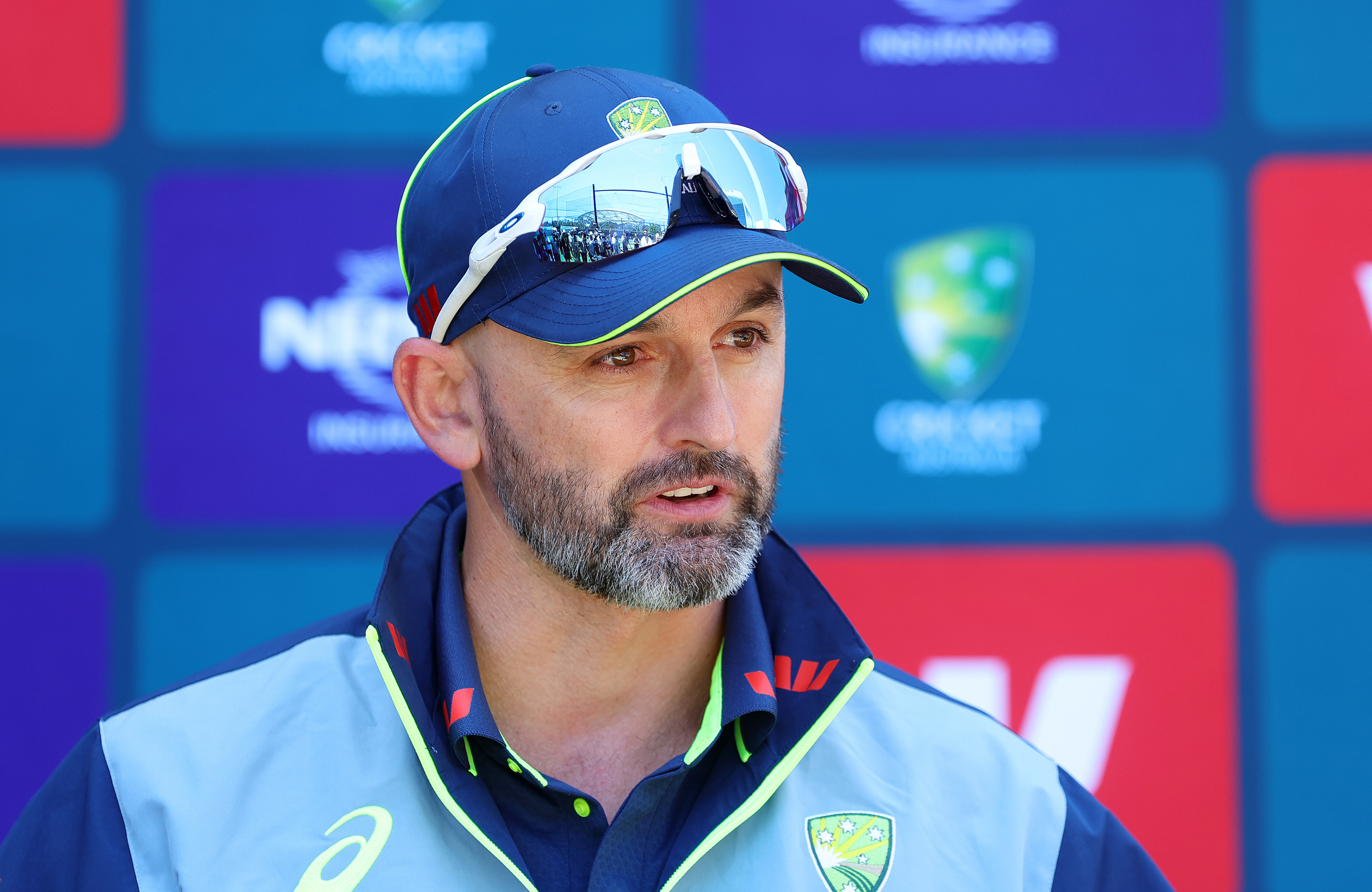 ADELAIDE, AUSTRALIA - DECEMBER 15: Nathan Lyon at press conference during an Australia nets session at Adelaide Oval on December 15, 2025 in Adelaide, Australia. (Photo by Sarah Reed/Getty Images)